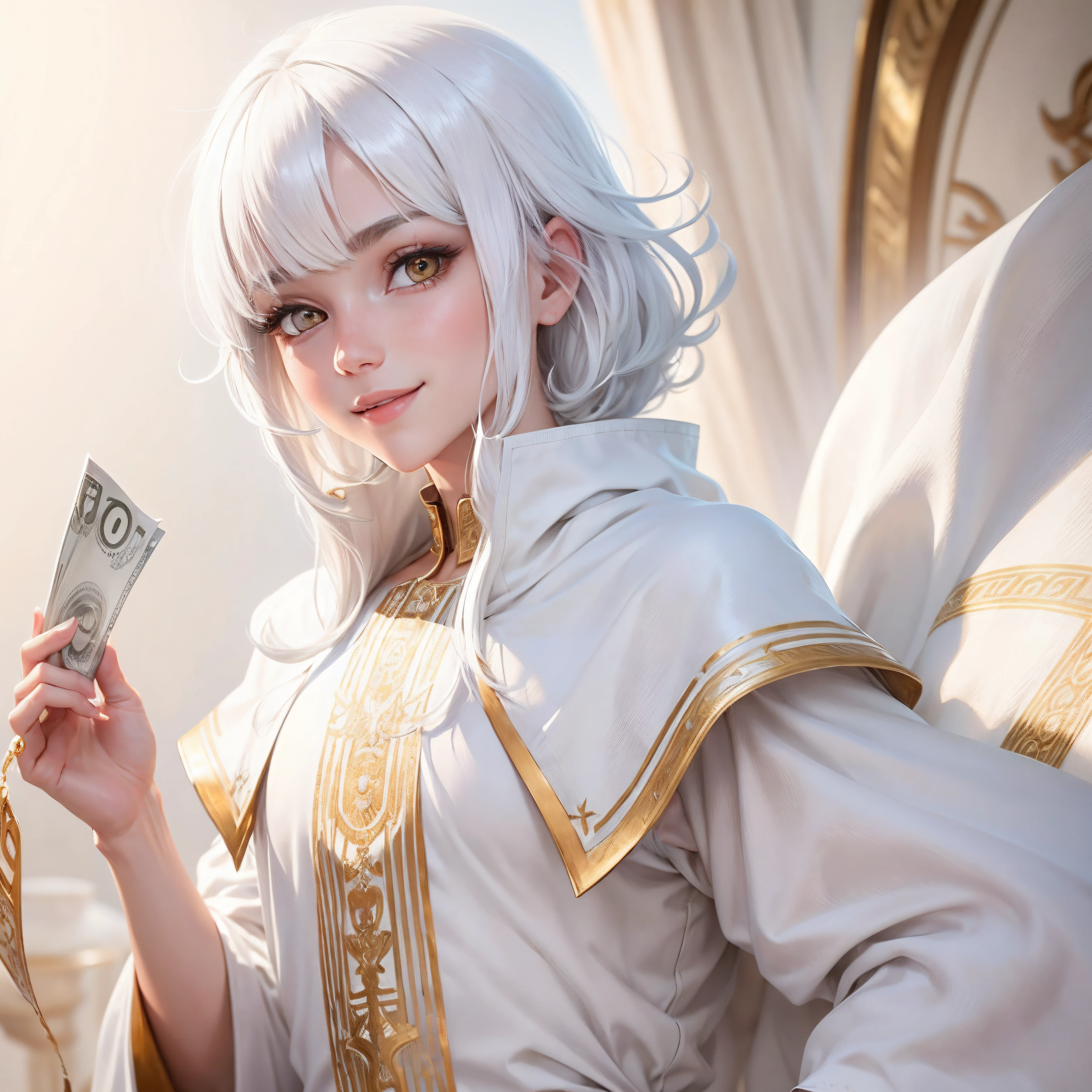 best quality, white hair, gold eyes, white clothes, looking up, upper body, hair strand, Fair skin, smiling, having money