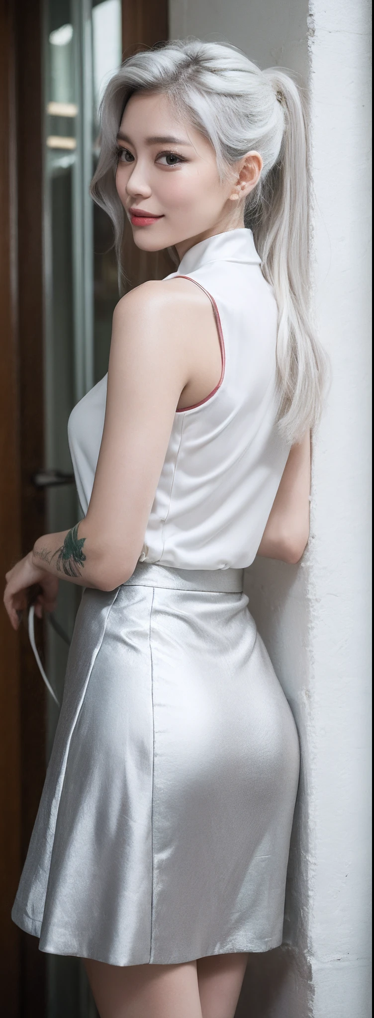 long layered silvery white hair,High ponytail,Delicate and bright hair color,Delicate and perfect face,The corners of the eyes are slightly red,ssmile,upturned corners of the mouth,Peony pattern cheongsam design,Raised skirt,Delicate long legs,The skin texture is delicate,Tattooed with,leaning back against the wall,Cinematic gloss,Best quality photos 16k high resolution。Gather the legs,Blink punk