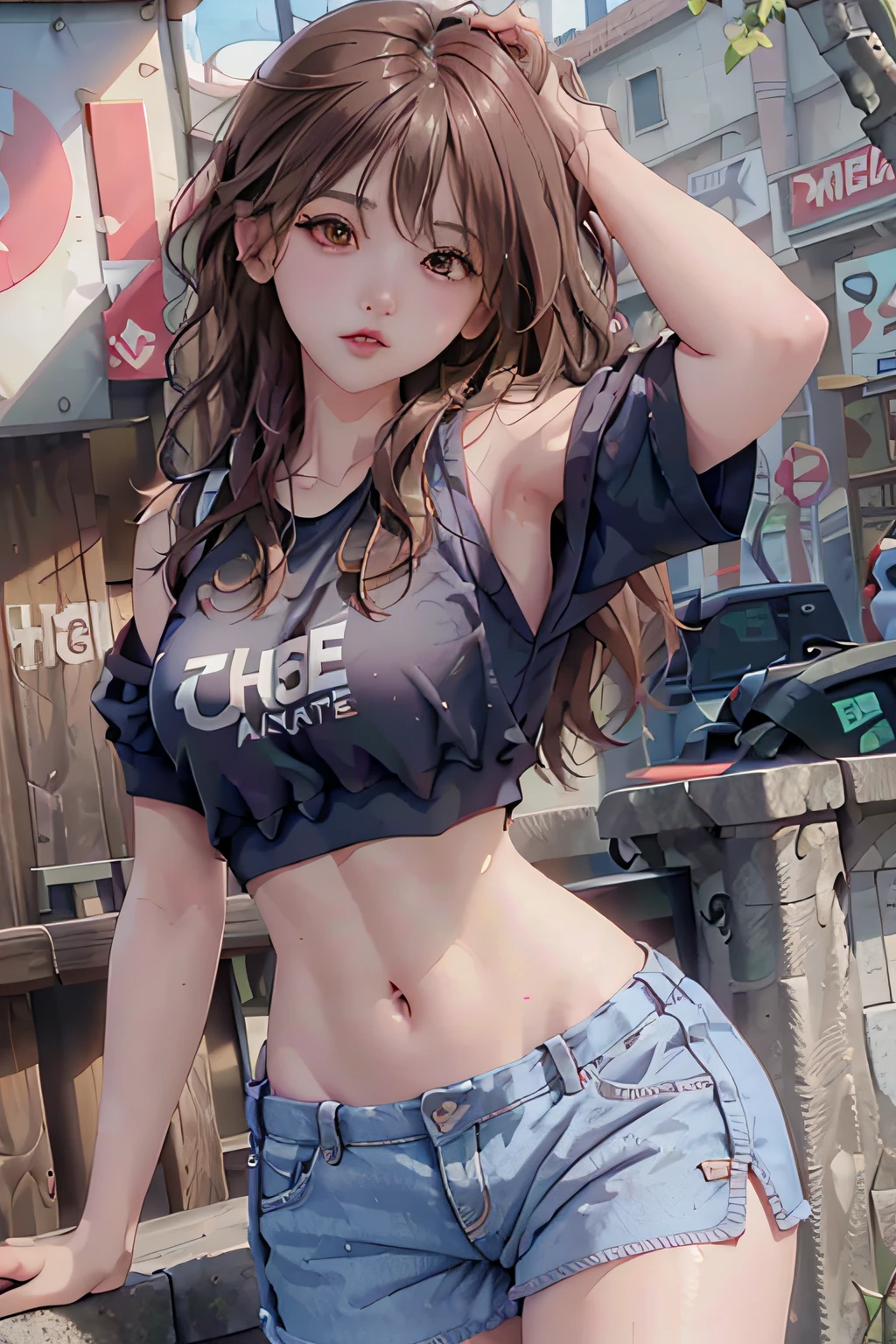 ((medium breast, tomboy girls, small head)), daylight, sunlight, (chiseled abs : 1.1), (perfect body : 1.1), (short wavy hair : 1.2) , auburn hair, collar, chain, full body shot, crowded street, wearing black tanktop, jeans jacket, ((shorts)), (extremely detailed CG 8k wallpaper), (an extremely delicate and beautiful), (masterpiece), (best quality:1.0), (ultra highres:1.0),  beautiful lighting ,perfect lightning, realistic shadows, [highres], detailed skin, ultra-detailed