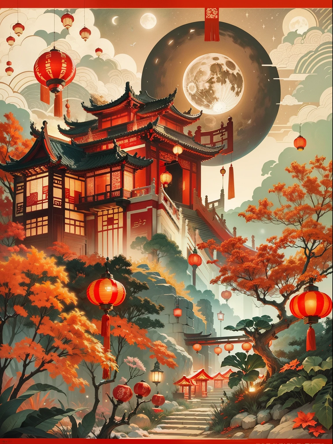 （（（tmasterpiece））），best qualtiy，illustratio，Red lanterns，full moon，fundo vermelho，The painting style is festive，poster for，the space，paper_cut，with a simple background，Chinese style，