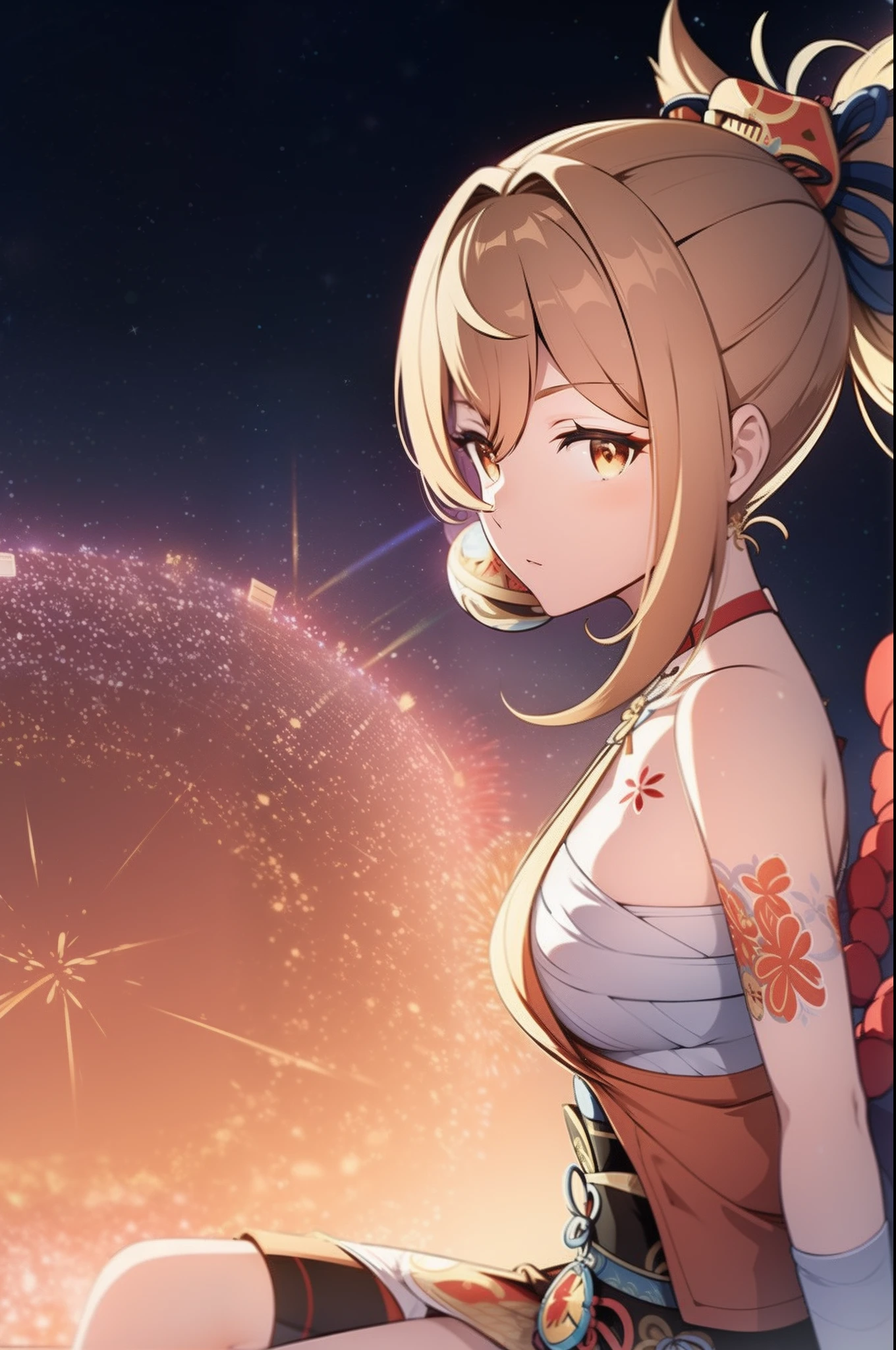 fireworks pattern, night background,yoimiya from genshin impact, casual outfit, facing sideway, sitting, circle in the middle,