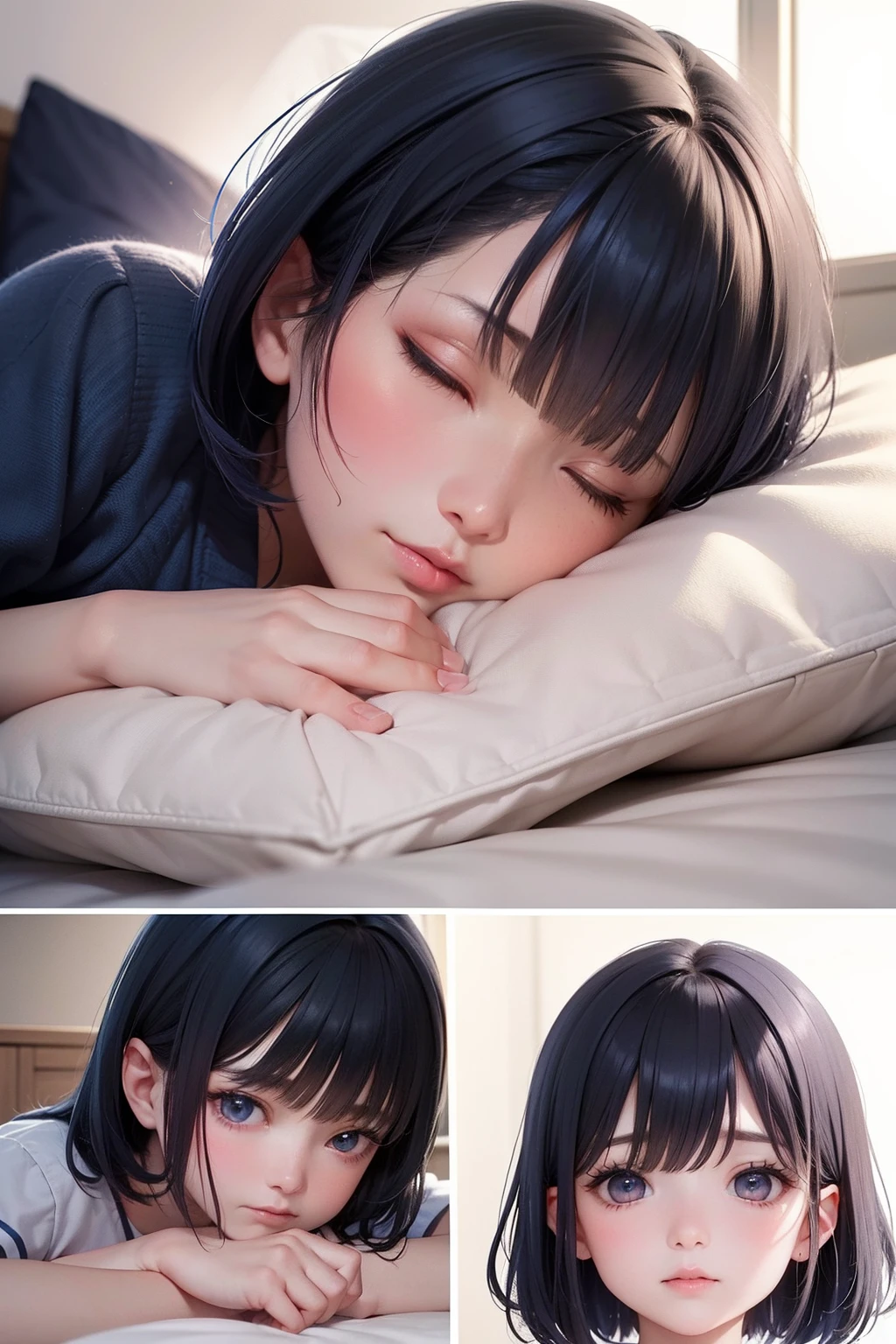 Photo Real、photoRealstic、独奏、girl1、full screen face、Sideways view　Navy blue hair、short-cut、Blunt bangs、Untidy hair、dishevled hair　Close your eyes、droolng　Faces close、Face Close-up、Close distance、Sleep on your side、s asleep　Background with、futon bedding、PILLOWS