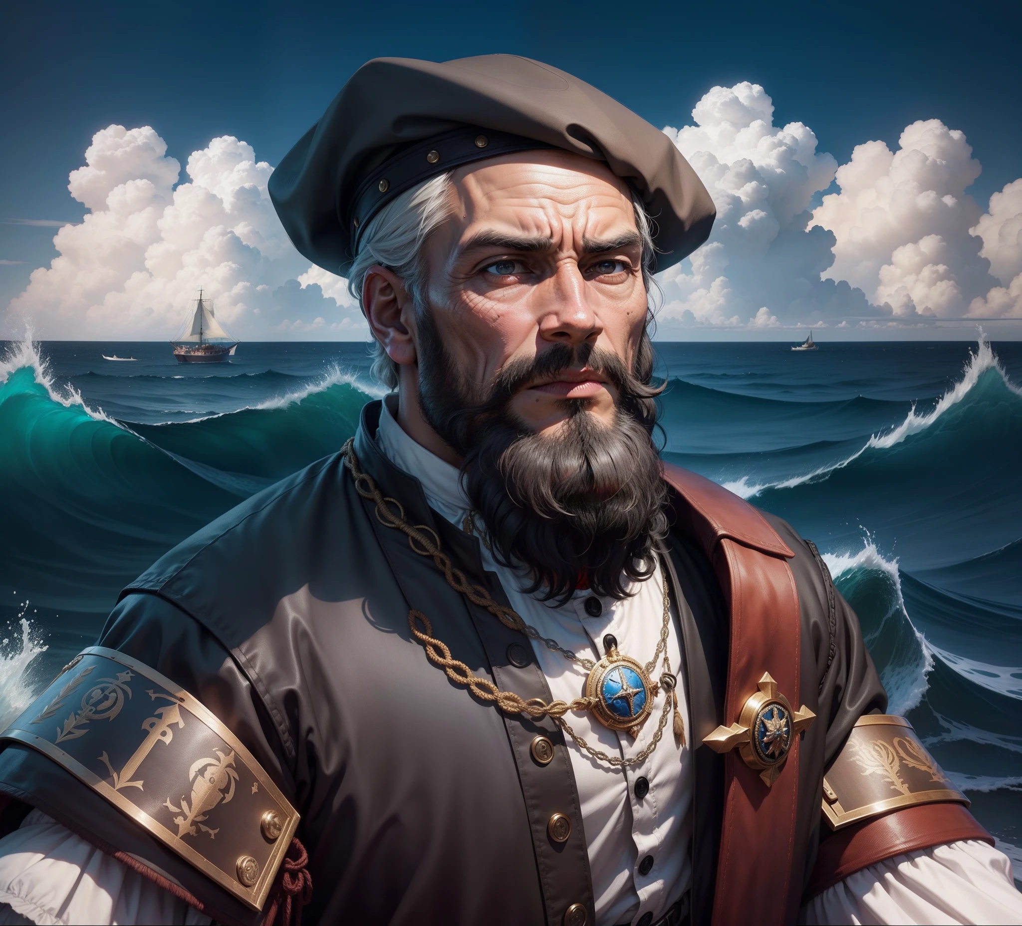 Ferdinand Magellan, very detailed and very expensive navigator clothes, big and balanced eyes, fair, great navigator, 16th century, renaissance, age of exploration, old, age of 45, many wrinkles, man, weathered face, grey hair, grey beard, Portuguese, the greatest of all the times, great, circumnavigation, expertise in navigator, great observer, general captain, hero, ill-fated,impressive, Deep outline, daring, brave, All-rounder, great,energetic,neat, knowledgeable, curious, ambitious, intelligent, clever, solid, strong, very attractive, powerful, unrealistic, bright, hero, decisiveness, handsome, sophisticated, solemn, tough, serious, angry, fierce, enthusiastic, diligent, obsessive, opportunist, firm, staunch, steady,Ingenuity,