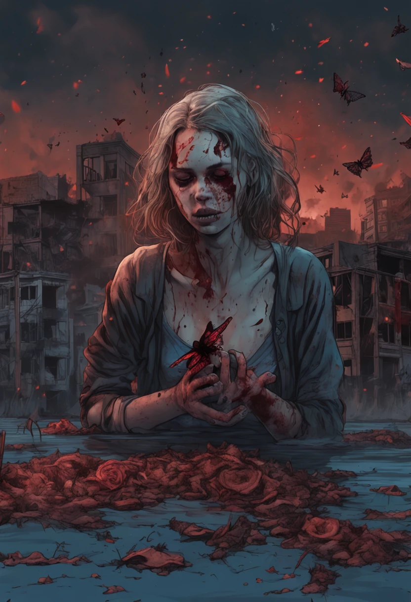 Ultra-realistic girl swiming in a sea of blood, blue eyes ((dried tears drops)), messy and curl hair, dusty face and cloth,(( a destructed city in background, fire, ((human corpse on ground)), some people are crying, destroyed building)), a butterfly sits on her forefinger, (((she is looking at the butterfly and a little bit smile))), hyper detailed, dynamic color, black and gray shade, super emotional picture, set against a hauntingly dark backdrop and surrounded by swirling dark smoke. The image should be in a captivating 16:9 format."
