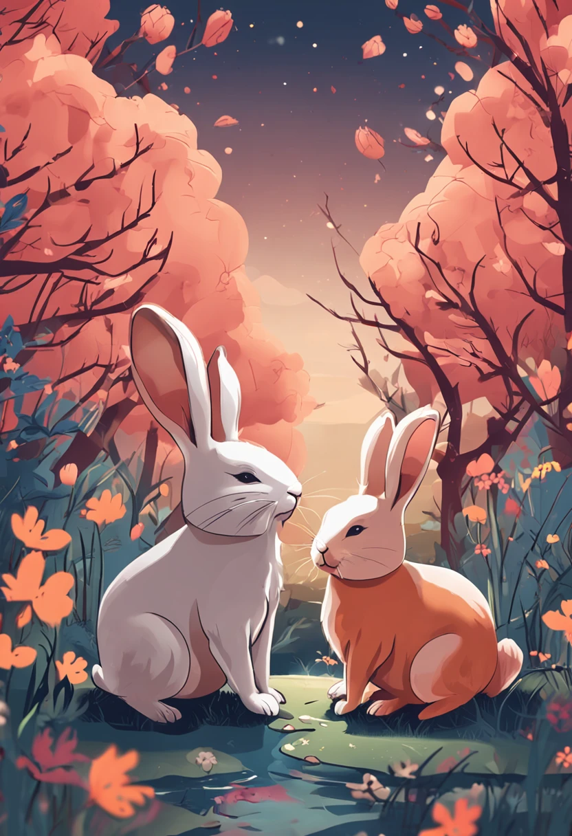 Two rabbits,Warm,Cartoon to enjoy the moon together