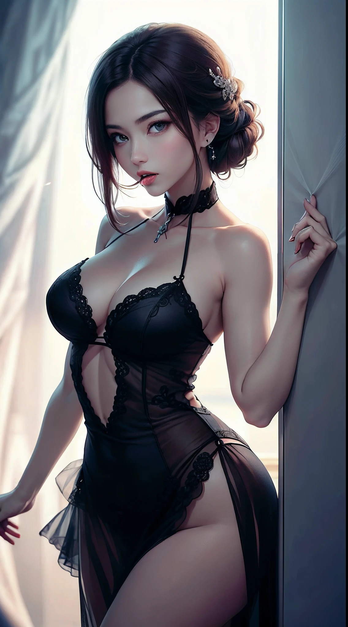 best qualtiy,tmasterpiece,超高分辨率,(真实感:1.4),RAW photogr,1girl,cropped shoulders,in the darkness nigth,deep shading,low tune,cold light,Large breasts,二重まぶた,beautidful eyes,The mouth is slightly open