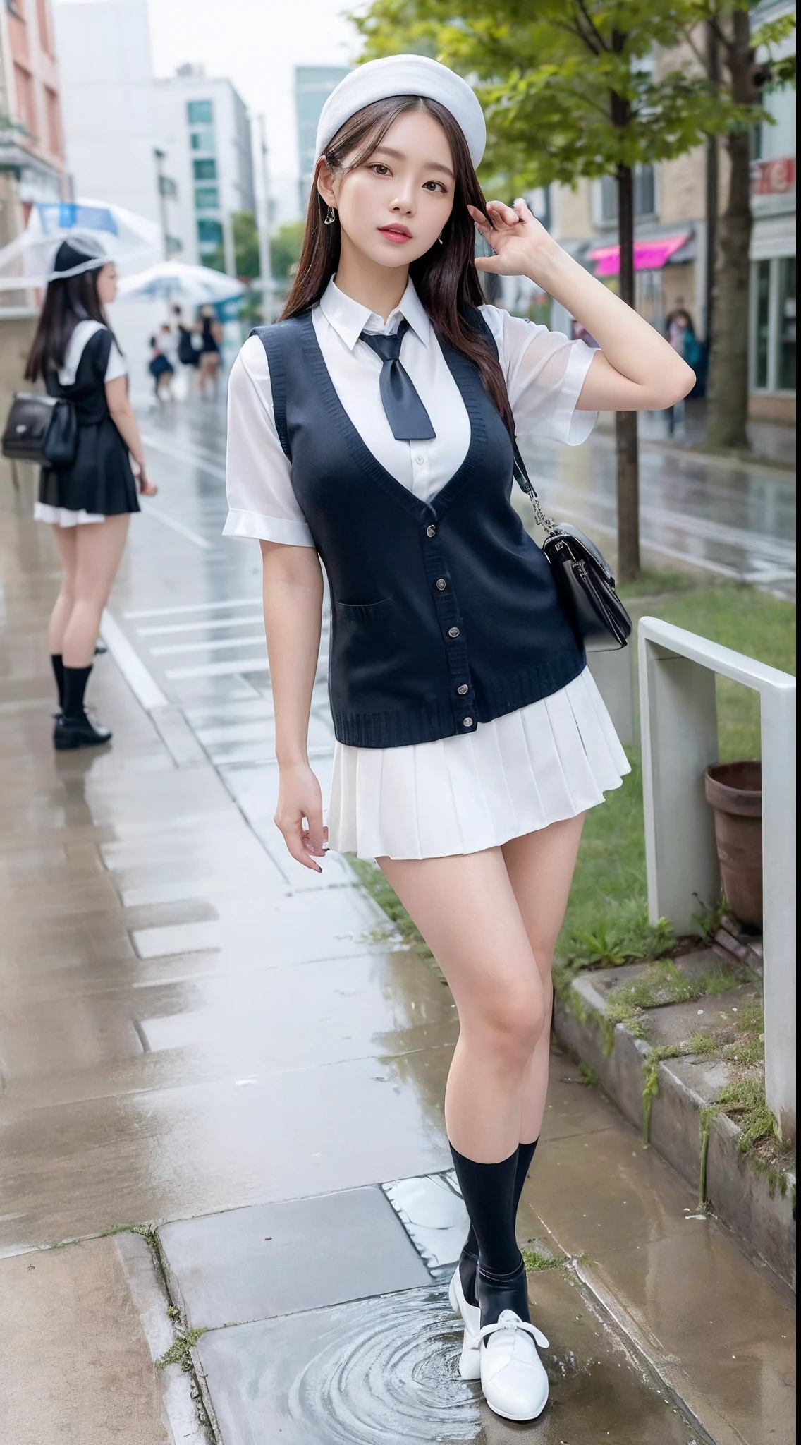 mix4, (16 K, Raw photography, Top image quality, masterpiece: 1.45), (realisitic, Photorealsitic: 1.37), one girls, 7.5, etc,cute little, A city scape,, profetional lighting, photon maping, Radio City, physically-based renderingt, Gradient black hair,, a handsome, girl with, (((student clothes、Silk white blouse with short sleeves、Dark blue knitted vest、White Silk Mini Skirt、No red tie pattern、Black High Socks、Black Loafers Leather Shoes))), Top Quality Photos, hight resolution, 1080p, (clearface), (Detailed face description), (Detailed hand description), (masterpiece), (Exquisite CG)、extreme light and shadows、dishevled hair、master work、abundant detail、(Fine facial features)、(top quality photo)、(masuter piece)、(A detailed eye)、Look in front of you、Fine clavicle、((Slender big))、((White beret)))、((Cute idol system))、((Schoolyard in the rain))、(Shooting from random perspectives)、(((Anyway cute)))、耳Nipple Ring、A big smile、Drawing the whole body from the knees、Do not draw nasolabial folds、(((Holding a leather student bag in your hand)))、Big breasts that hang down big、Two legs、(((Standing Pose:1.3)))、bare hand、Hands out of the sleeves of blouses、Stand with an umbrella、