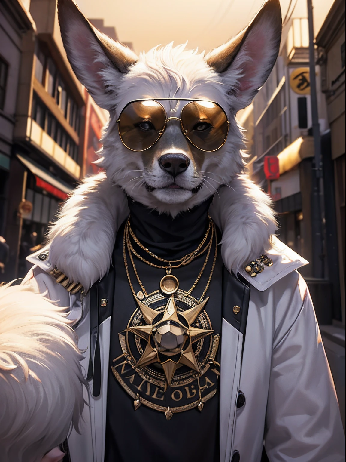(Fashion animals:1.5),Doggy, Sunglasses on his head,Wear punk clothes,urbansamurai,Pedras preciosas,gold, jewely, Magic Circles,Gorgeous background,Ultra-realistic detailed rendering,Gang members,intimidating pose,Planet of dogs,fashionable attire,Mewtwo,top-quality, single focal, 复杂 (the detail: 1.1) unreal-engine,tmasterpiece, (ultra-detailliert),