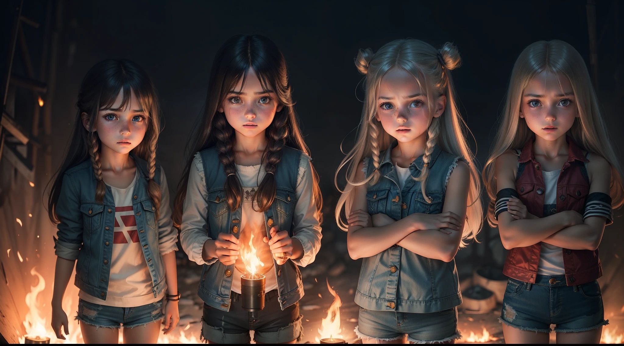 3 Russian 10 years old girls, with long hair, sleeveless denim jackets, shorts, holding fire straw torches in hands