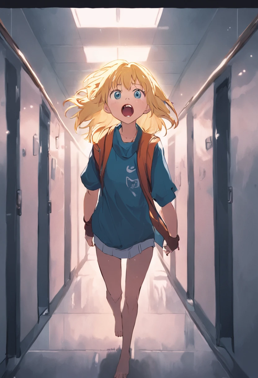 a ager with blonde hair blue eyes shouting any school corridor, illustrations, 4k