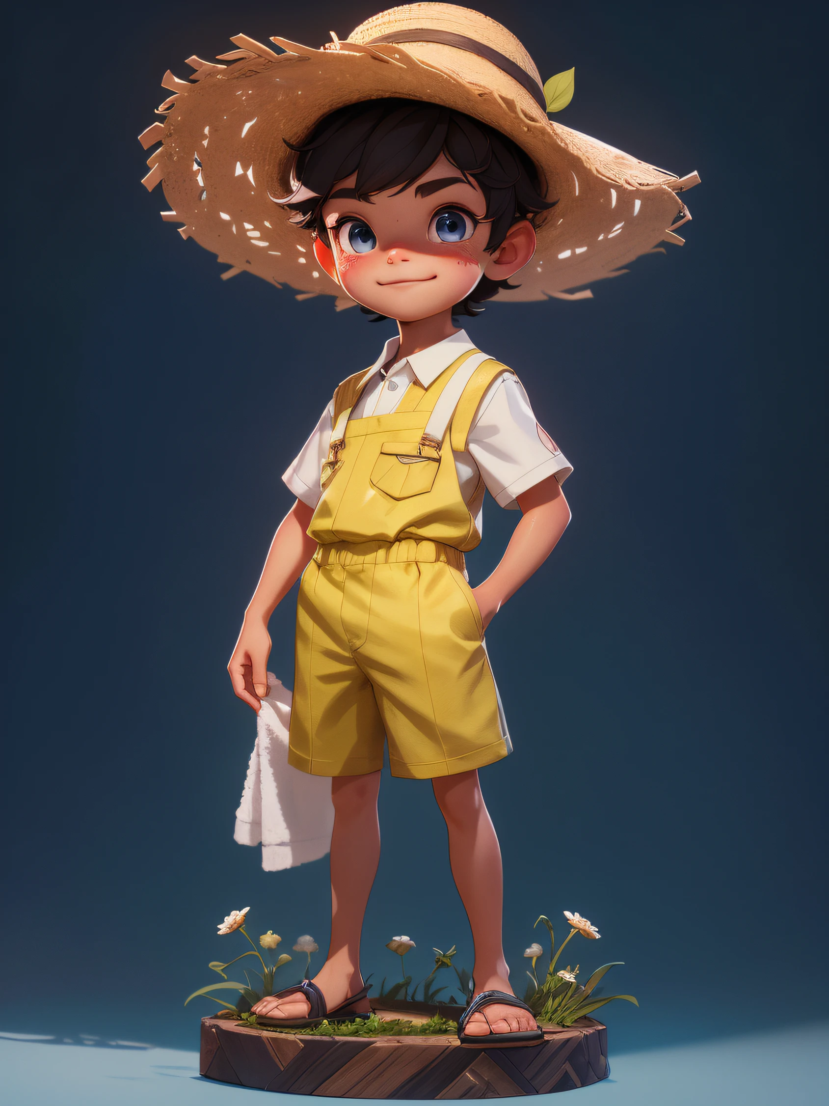 10 year old boy，Cartoon characters created in the image of a farmer，Future-proof，tmasterpiece，HighestQuali，（（Photorealsitic：1.4））tmasterpiece，（tmasterpiece，Best quality at best）Farming image little boy，Wear a white vest，Beige cotton shorts，The barefoot，Agricultural straw hats，Short black hair，Wipe sweat with a towel in hand，Elaborate Eyes，Sunny smile，Red face，clean backdrop，Delicate sheen，8K，C4D，rendering，illustratio，very delicate beautiful，highly detailed CG，8K wallpapers，astounding，finely detailled，super detailing，超A high resolution，A high resolution，Very detailed，（（very detailed eyes and faces）），美丽细致的眼睛，Very delicate face， Perfect litthing，Facial light，Natural colors，（（10-year-old boy）），