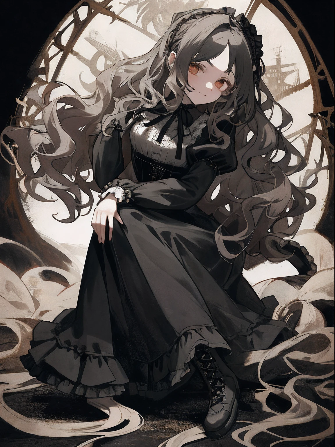 ​masterpiece, top-quality, 1girl in, The upper part of the body, History reference: World of Gothic Horror、hairstyle on: long, Wavy Hair、garments: Gothic dresses and corsets、shoe: Victorian boots、accessorized: In beats、frontage,bustup、close-up