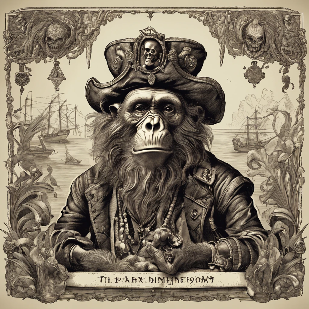 Pirate monkey, Disturbing method, ornate jewelry, Rembrandt rays, the sea