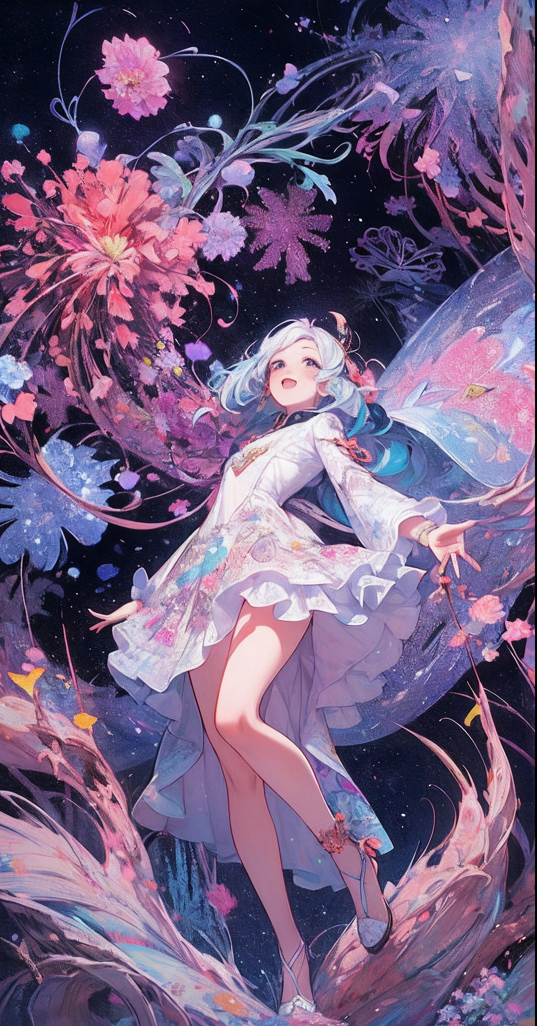 ((Fireworks display seen from space)),(Lots of 10-shakudama fireworks fill the sky:1.53),Fireworks display beyond imagination,innocent smiles,Girl in the sky,Never seen,Seven colors,(1girl in),(Cute smile),(The clothes are intricate dresses with a white base:1.4), (Best Impact:1.5), (maximalism:1.7),,Vivid contrast, (Realistic),,hyperrealistic illustrations,,hight resolution,,ultra-detailliert,,absurderes,(Fractal Art:1.3),Random hairstyle,Random hair color colorful,FULL BODYSHOT,Photographing the sky from below,Precise focus,randome pose,cinema4d,Drama