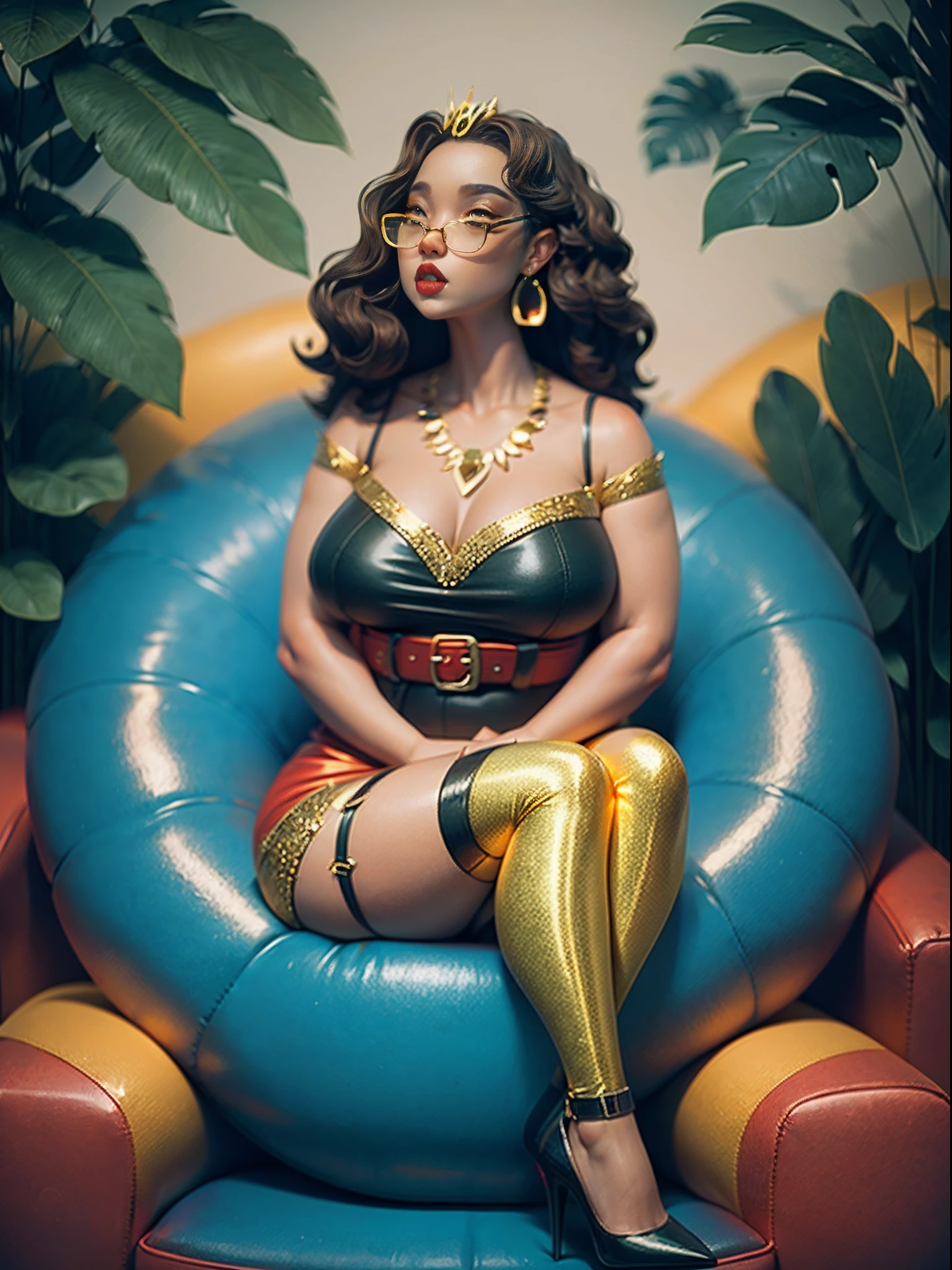 The image features high contrast utopia and depth of bioluminescent field, capturing every detail of the ((chubby ebony girl)) (sitting on a large fully-organic sofa in the middle of a greenhouse) filled with (tropical plants). (detailed face:1.25). The vibrant (flowers and colorful fruits) add to the (summer ambiance), with the dazzling sunlight creating a radiant (dazzling glow:1.8). A giant glass (snake) wrapped around the ebony woman adds an element of danger and intrigue to the scene. She wears intricate accessories such as earrings, a gold necklace, a chewer, a ring, a waist belt, a (gold chain belt), a waist chain, and a gold bangle. Her invincible smile is directed towards a nearby bush, showcasing her precise skeleton and proportions in intense detail.(((Glasses)),(dazzling sunlight: 1.3),(ebony girl like a queen 5), extra long curly hair, (Girl looking up: 1.55), (big:1.35), (big bust), (black and red underwear, black and red high heels, black and red garter belt, black and red stockings: 1.5)), perfect (long legs: 1.5),This is a masterpiece of high quality, with photorealistic visuals and cinematic direction. ((1girl)), full body view, high heels, far focus.