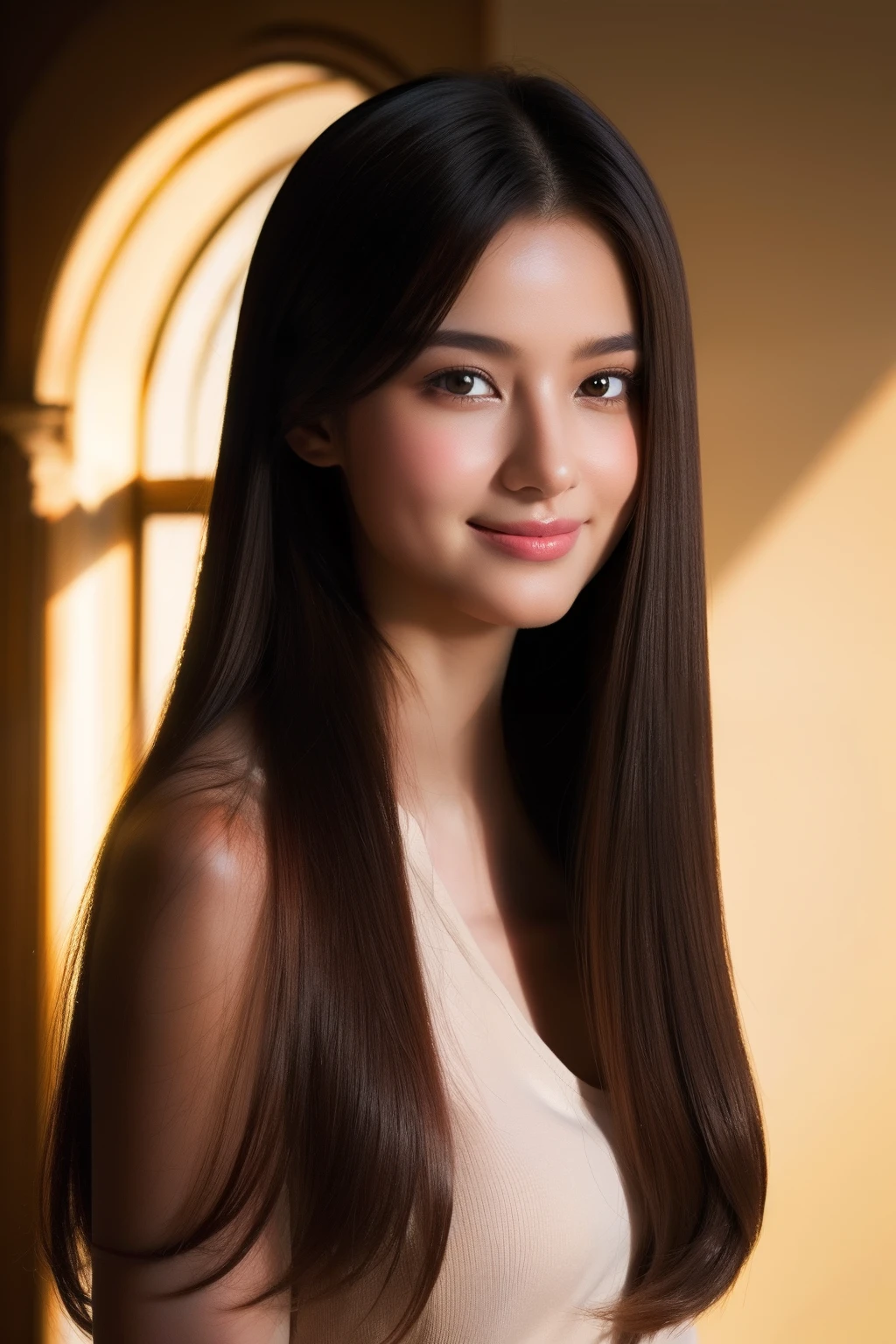Beautiful girl, Photo quality, Brilliant colors, Soft light and shadow, Slim posture, Smooth long hair, Gentle smile