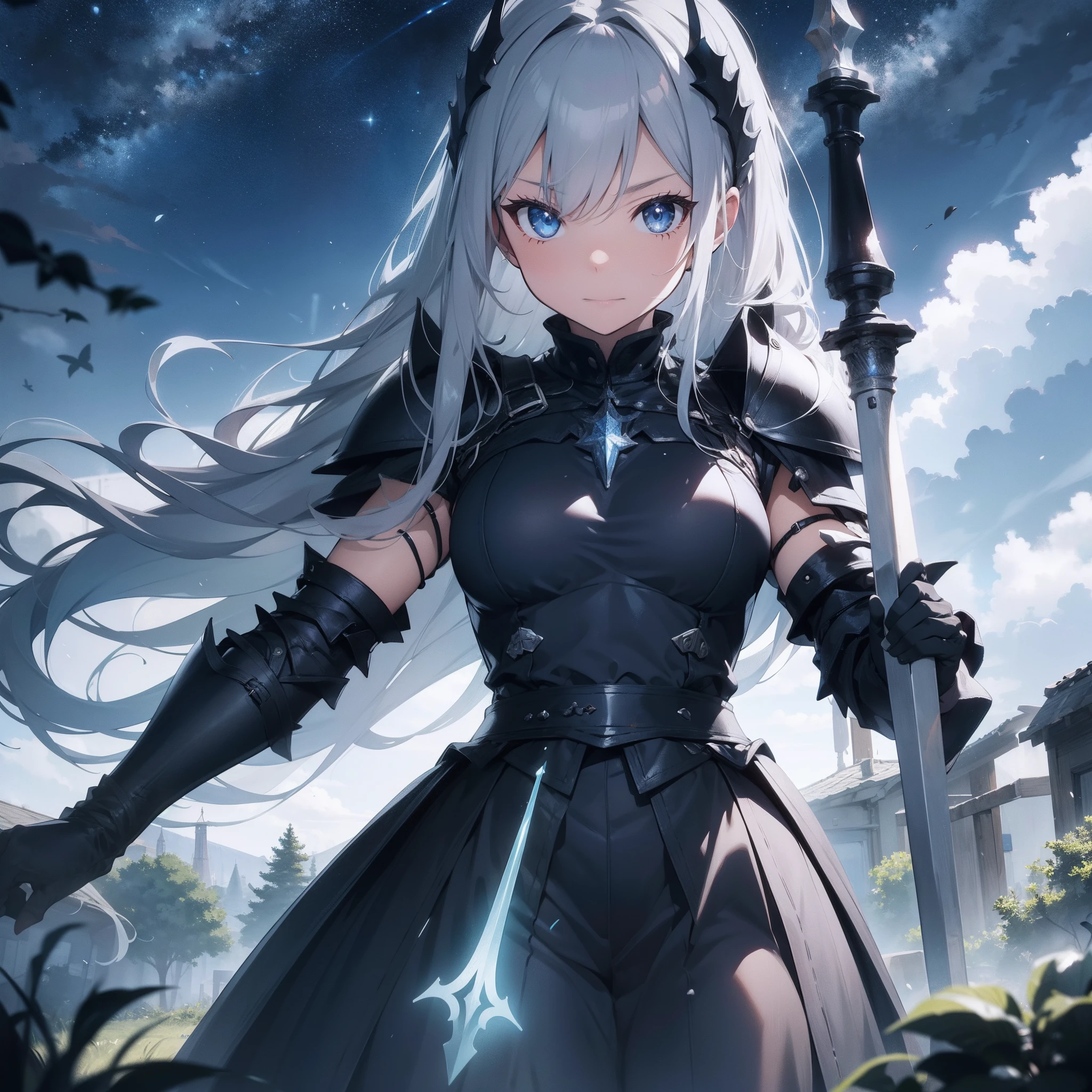 masterpiece、Dark Fantasy、A female knight with a shining white outline、Wearing heavy armor made of platinum、Long straight hair、shiny gray hair、Glowing blue eyes that see through everything、Carrying a longsword、The surrounding area is enveloped in dusk、Silence prevails、Full body view