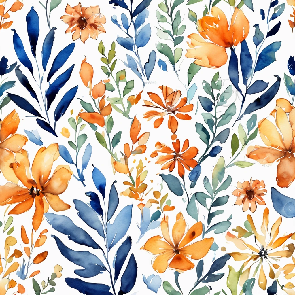 watercolor, small flower, blue and orange, beautiful, 1:1, watercolor style, flower and leaf patterns, wet in wet technique, mute, indigo, fabric design, flat illustration, highly detailed cleaning, vector image, masterpiece, professional, isometric, bright vector, black background, dry brush, brushstrokes, painted on canvas, by J.M.W. Turner. expressive marks.