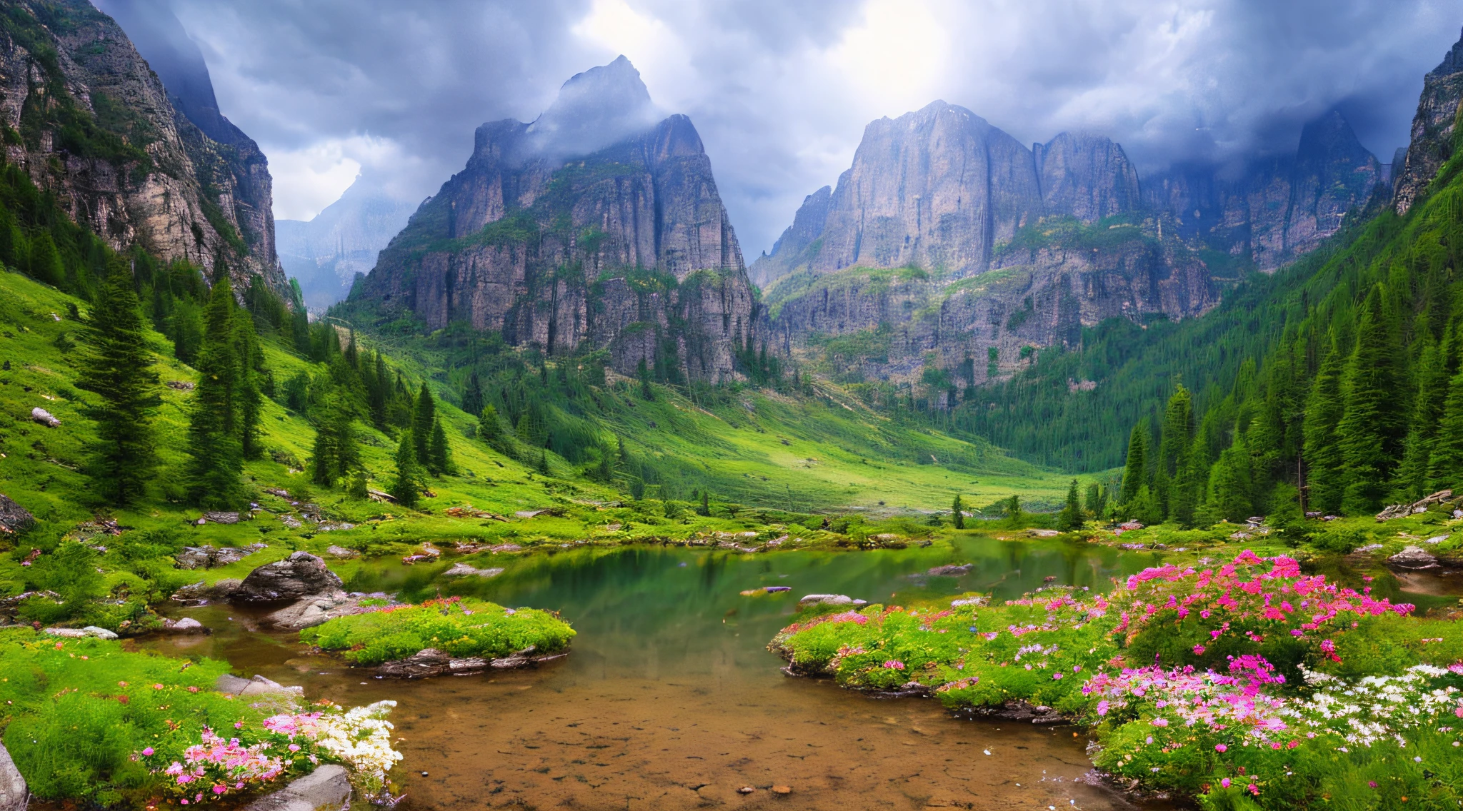 magical, landscape, mysterious, luminous, dreary, complex, bloom, dreary. expansive, magnificent, god rays, storm, lightning, mountains, valley, boulders, trees, flowers, lake