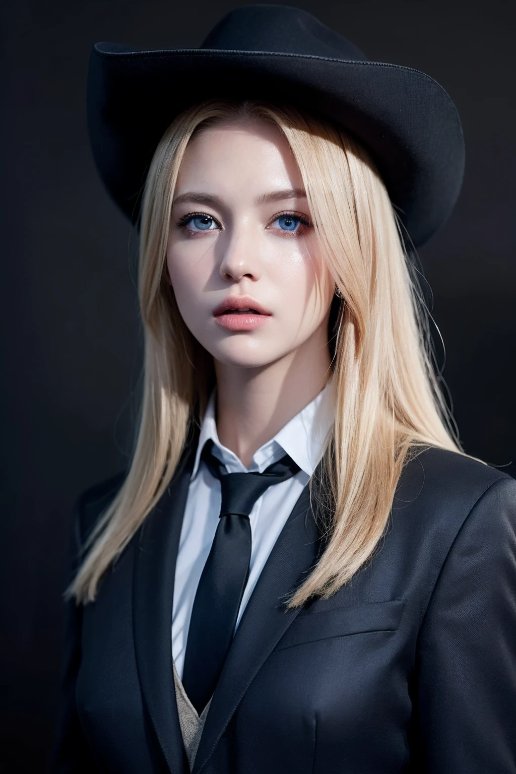 Best quality, masterpiece, ultra high res, (photorealistic:1.4), raw photo, 1girl, blonde hair, blue eyes, detailed eyes and face, black suit, dynamic lighting, in the dark, deep shadow, low key, cowboy shot full-lenght body