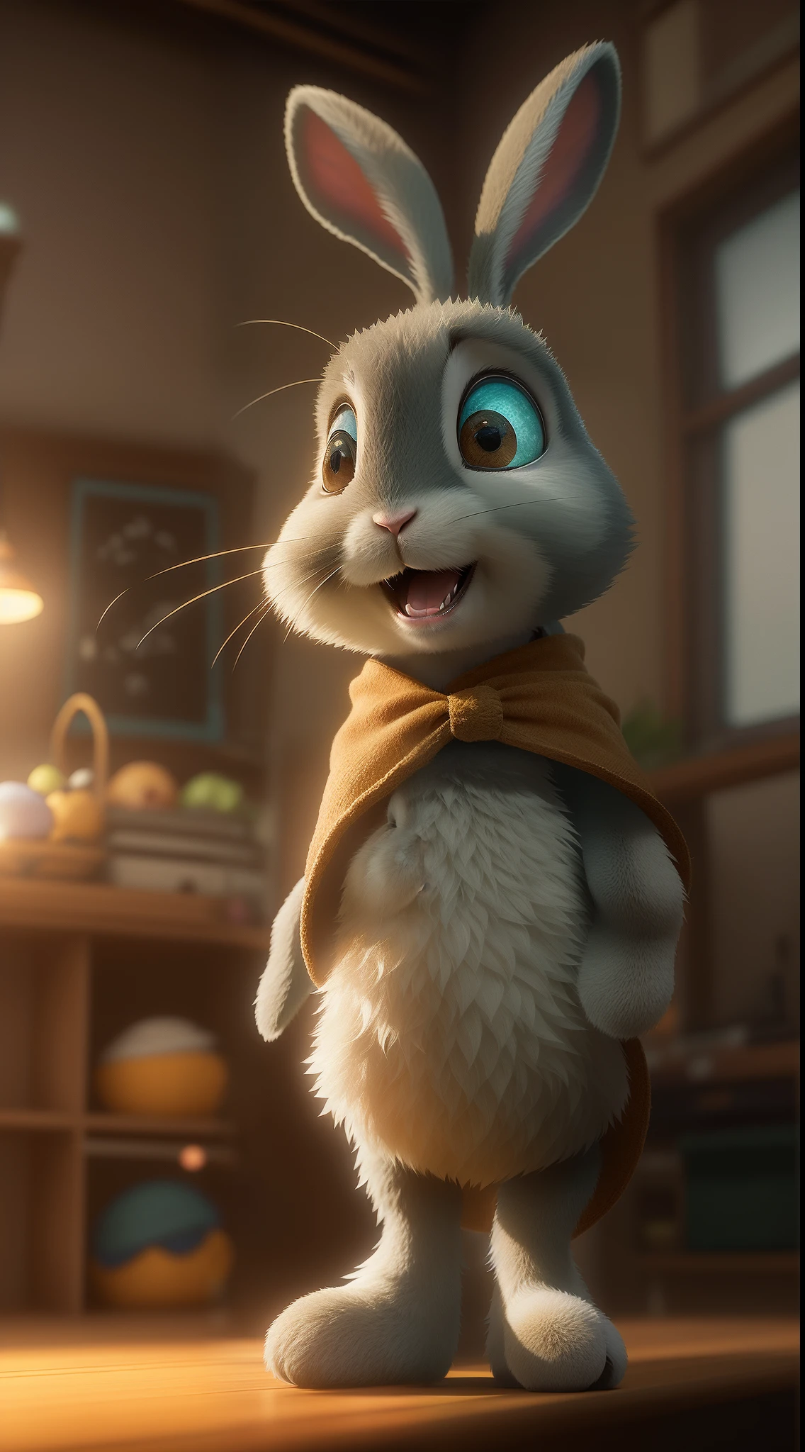 The cute little bunny waved and smiled in greeting me, illusory engine, cozy indoor lighting, Art Station, Detailed digital painting, Cinematic, character design:Mark Reiden、Pixar and Hayao Miyazaki, Unreal 5, daz, Ultra photo realsisim, rendering by octane