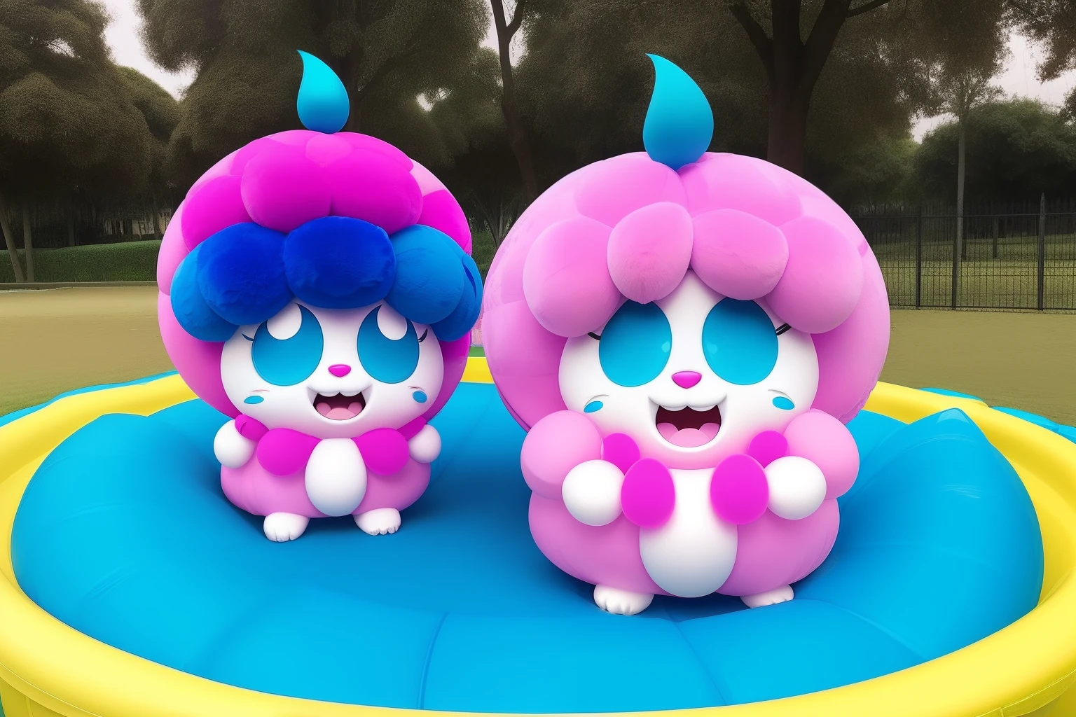 Two adorable monster brothers, Fluffy and Squeeze,、「Powerpuff Girls」In a setting that is very similar to the character of、Draw in detail what it's like to play in a vivid, green park。Fluffy is characterized by blue color and fluffy appearance.、It seems to be very fun to slide on the slide。one fang、Squeeze with pink color and fluffy texture、I'm crazy about building sandcastles in a sandbox。Nearby, children also have fun playing various games。Fluffy compassionately brings a balloon and hands it to Squeeze.、Squeeze will gladly receive it。Their faces lit up.、Together we will release balloons into the sky。afterwards、Play on the swing、Fill the park with laughter and happy atmosphere。
