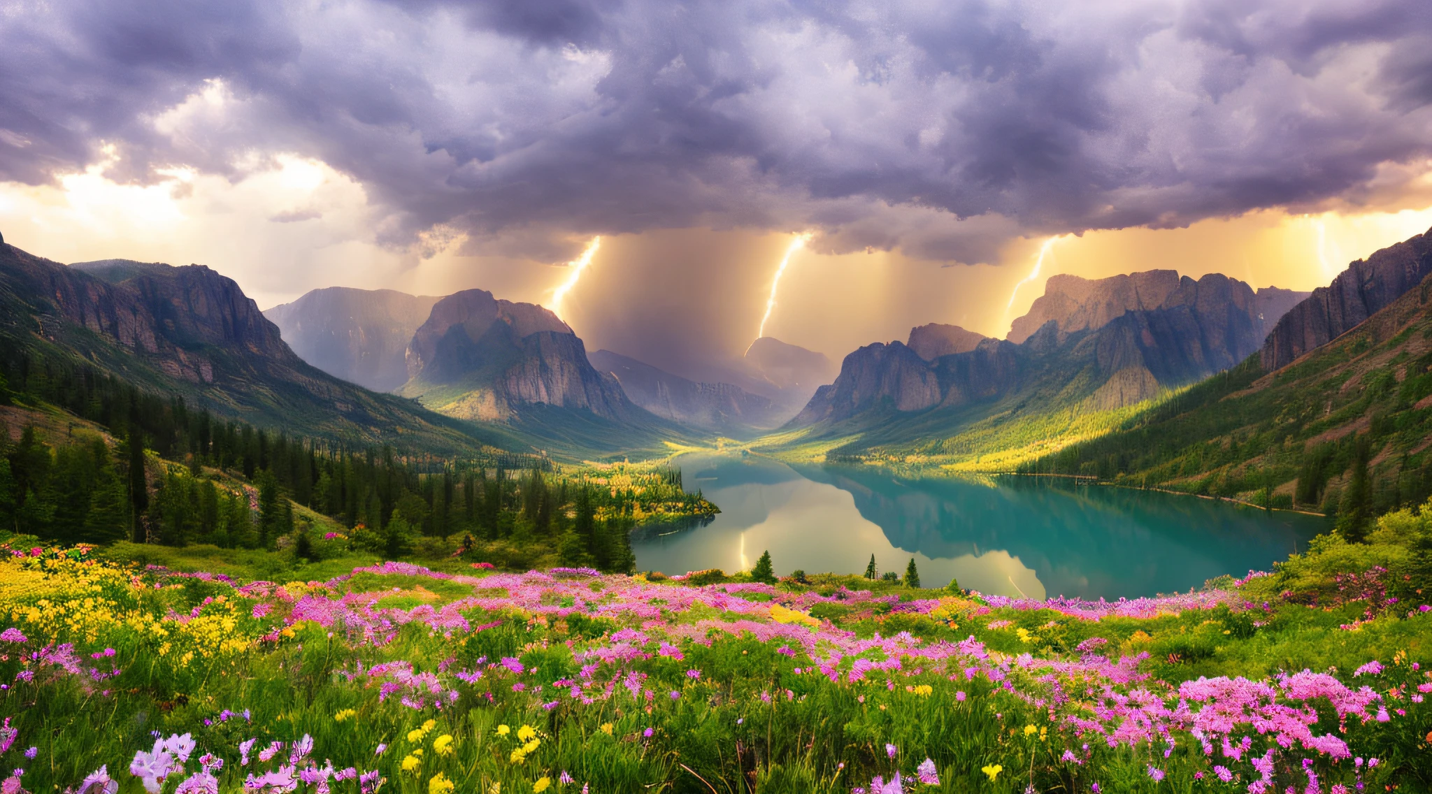 magical,  landscape, mysterious, luminous, dreary, complex, bloom, dreary. expansive, magnificent, god rays, storm, lightning, mountains, valley, boulders, trees, flowers, lake