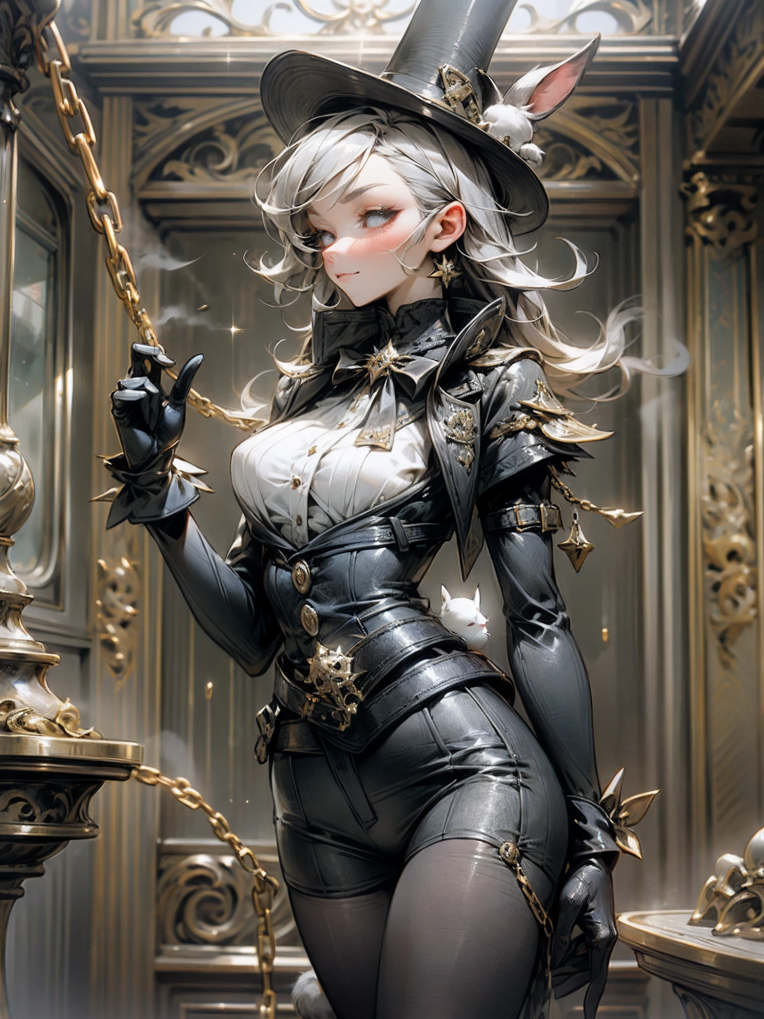 primitive, Highest quality, Stunning, （1 mature lady，独奏，huge tit）， garments：She wears a slim black suit，He wears a black diamond-shaped top hat with a dark silver motif，There is a small rabbit creature on the shoulder，Outside the white shirt is a tight little vest，There is a row of buttons in the middle，Some metal ornaments and chains hang from the neckline，A belt，black glove，Black stockings，Leather boot studs， allure：No smile，sharp sharp eyes，Half bowed， Doing：mature、sedate、provocation， place：Europe in the Age of Steam， Inspired by：The Age of Steam、European style，