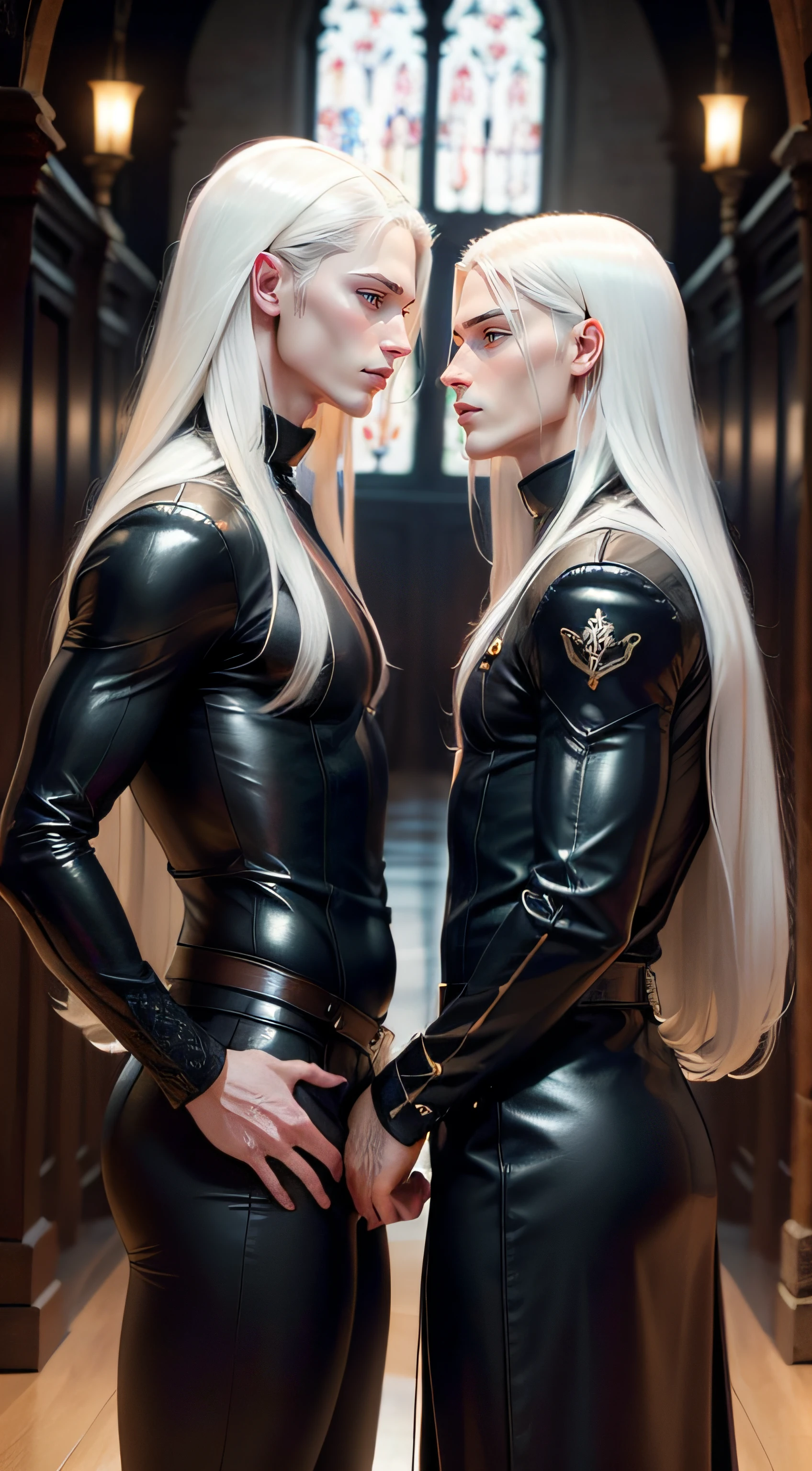 gorgeous male twins with long pale hair as priests in leather
