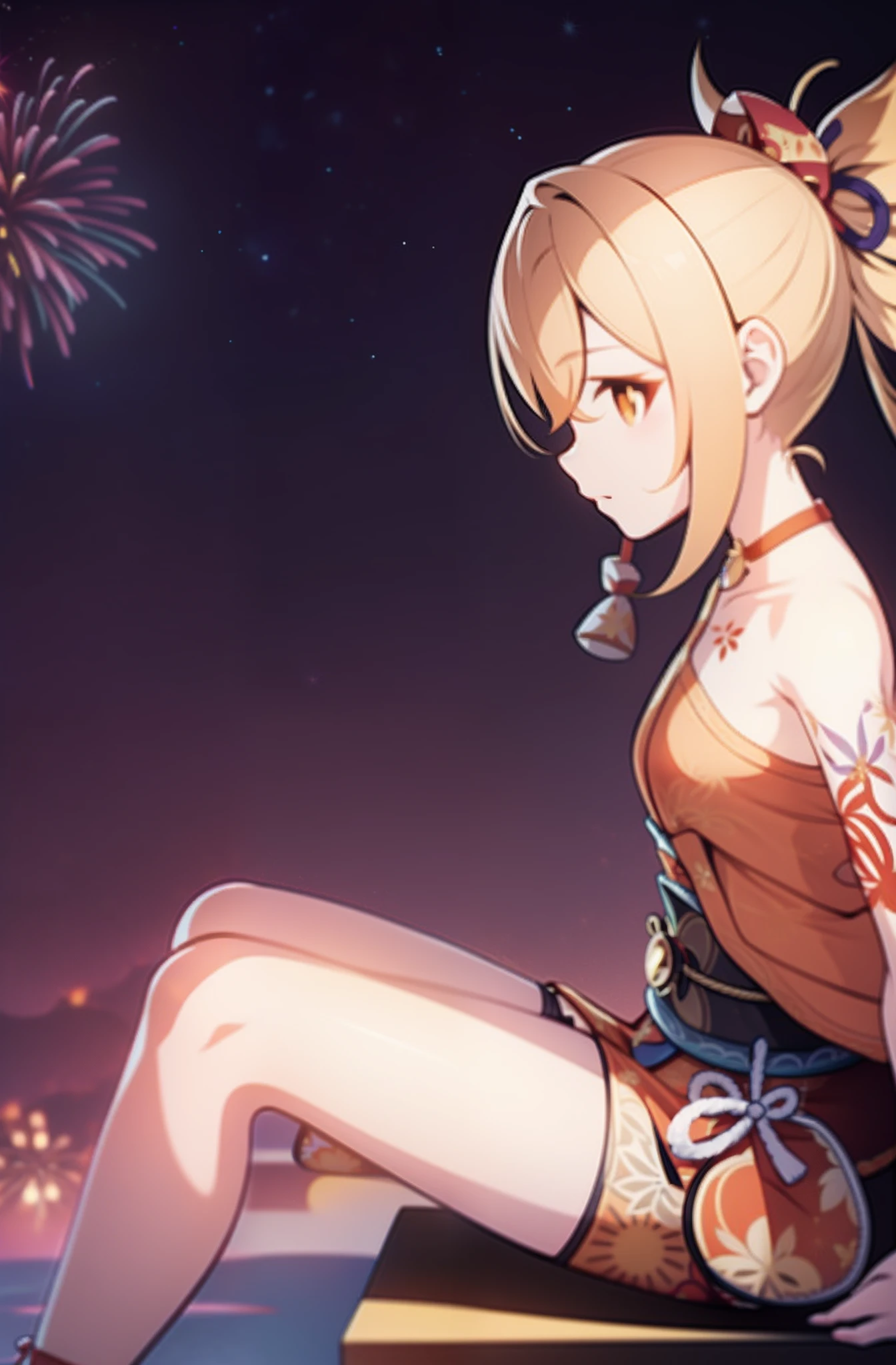 fireworks pattern, night background,yoimiya from genshin impact, casual outfit, facing sideway, sitting, circle in the middle,