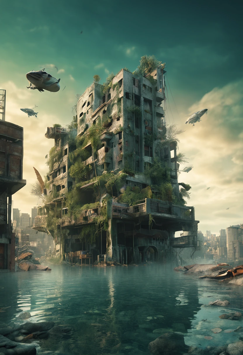 (Best quality), (Masterpiece), (Photorealistic), (Realistic), Very detailed, Unity 8k wallpaper, Very detailed CG, Ray traching, Sharp shadows, Great detail, Depth of field, Super detailed background, Crumbling civilization, Green engulfs and decays cities, Flooded and collapsed cities, , Plant life, , Underwater cityscape, aquatic creature, Ruined city, Wide shot, nuclear radiation，Deformed fish，fishbone，Contaminated seabed