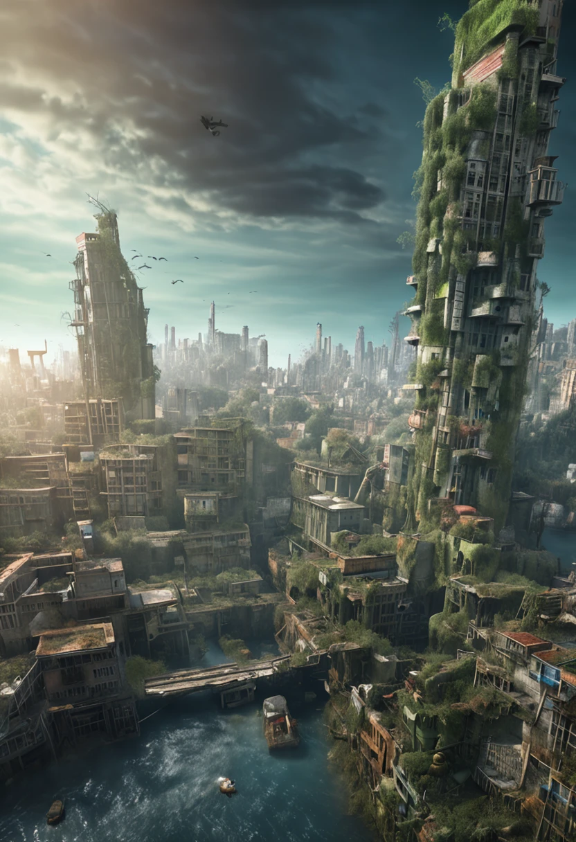 (Best quality), (Masterpiece), (Photorealistic), (Realistic), Very detailed, Unity 8k wallpaper, Very detailed CG, Ray traching, Sharp shadows, Great detail, Depth of field, Super detailed background, Crumbling civilization, Green engulfs and decays cities, Flooded and collapsed cities, , Plant life, , Underwater cityscape, aquatic creature, Ruined city, Wide shot, nuclear radiation,Deformed fish,fishbone,Contaminated seabed