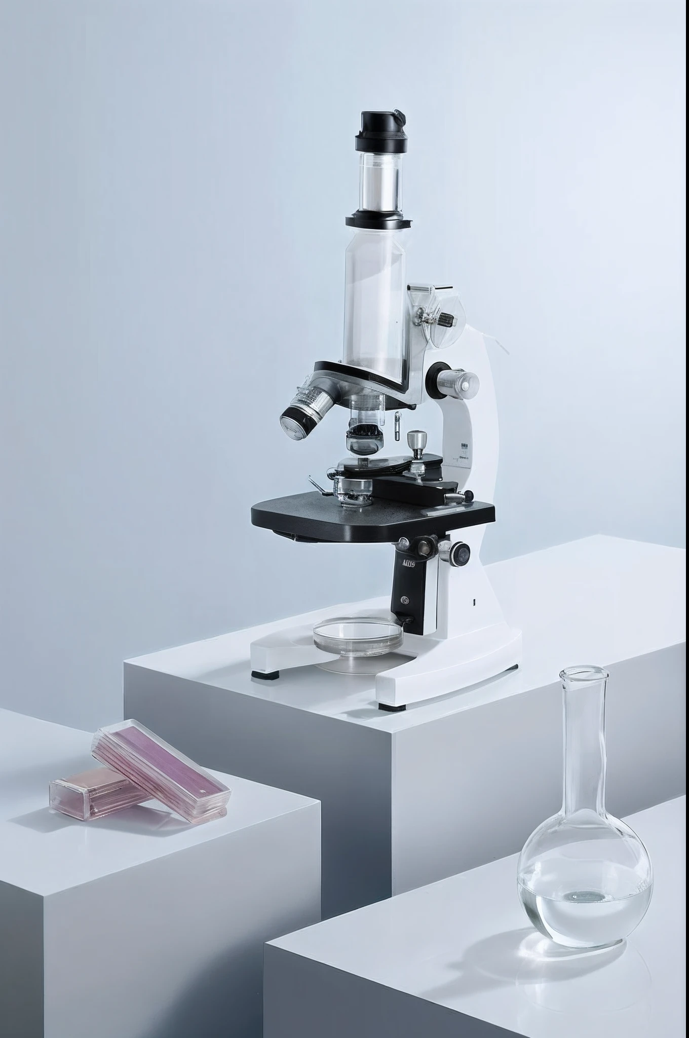 There is a microscope and test tubes on the table, microscope, Photographic microscope, microscopy, science equipment, electron microscope, medical lab, Medical photography, microscopic view, microscopic picture, Small, Electron microscopy photography, medical lab, Scientific instruments, handling laboratory equipment, clean white lab background, professional product shot, Under the microscope, Electron microscope view, medical machinery(tmasterpiece:1.3), best qualtiy, offcial art, MagazineCover, ultra - detailed, 1girl, 1980s\(styled\),