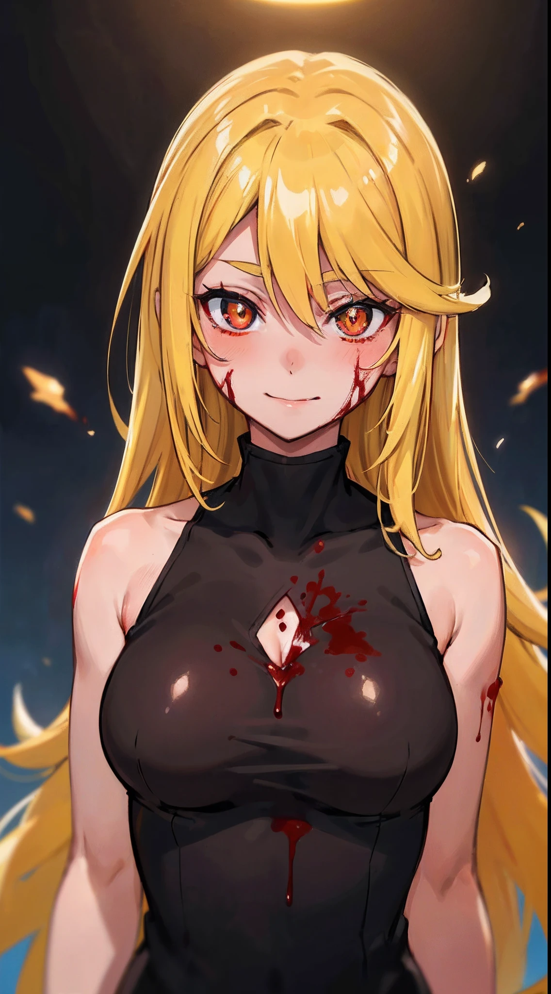 Leone, (medium breasts), ((((healthy skin)))), standing, masterpiece, best quality, upper body, anime, ((murderer)), (((blood, upper body))), cinematic lighting, ((happy)), red eyes, glowing eyes, sleeveless, bare_shoulders, yellow hair, long hair, ((hot and attractive woman)), (detailed pupils), blushed, textured skin