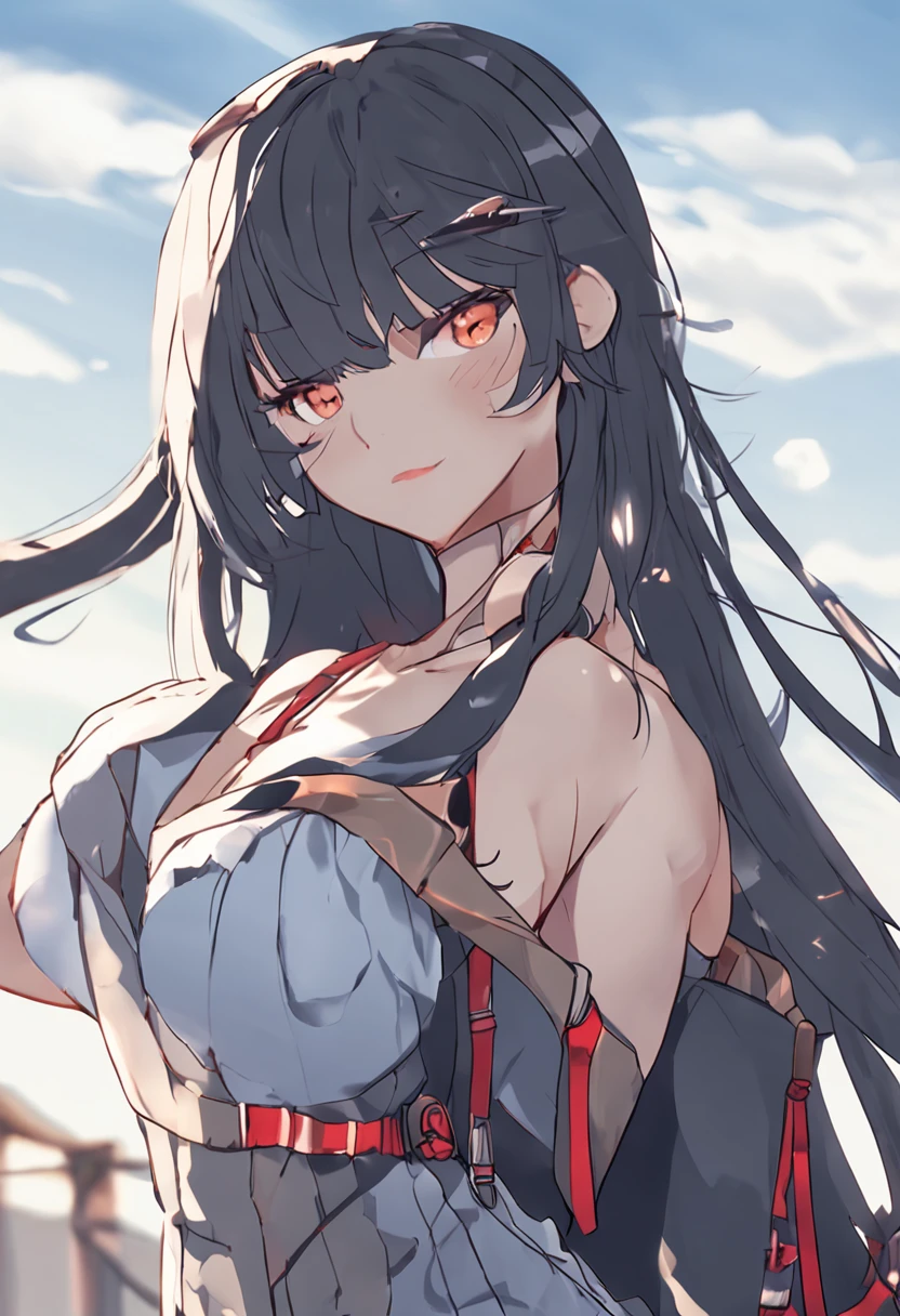 (Full body photo:1.0)Cinematic,Long distance(Don't look at the camera:1.4)(Look away:1.4)1girll, Long blue hair, Road navel, Drill hair, Blunt bangs, Hair ribbon, Light smile, hair ear, tsurime, Red eyes, eye shadows, Small breasts, white dresses, Bare_bshoulders, Black pantyhose, Boots, Looking up, hand_To_Mouth, day, Sun,