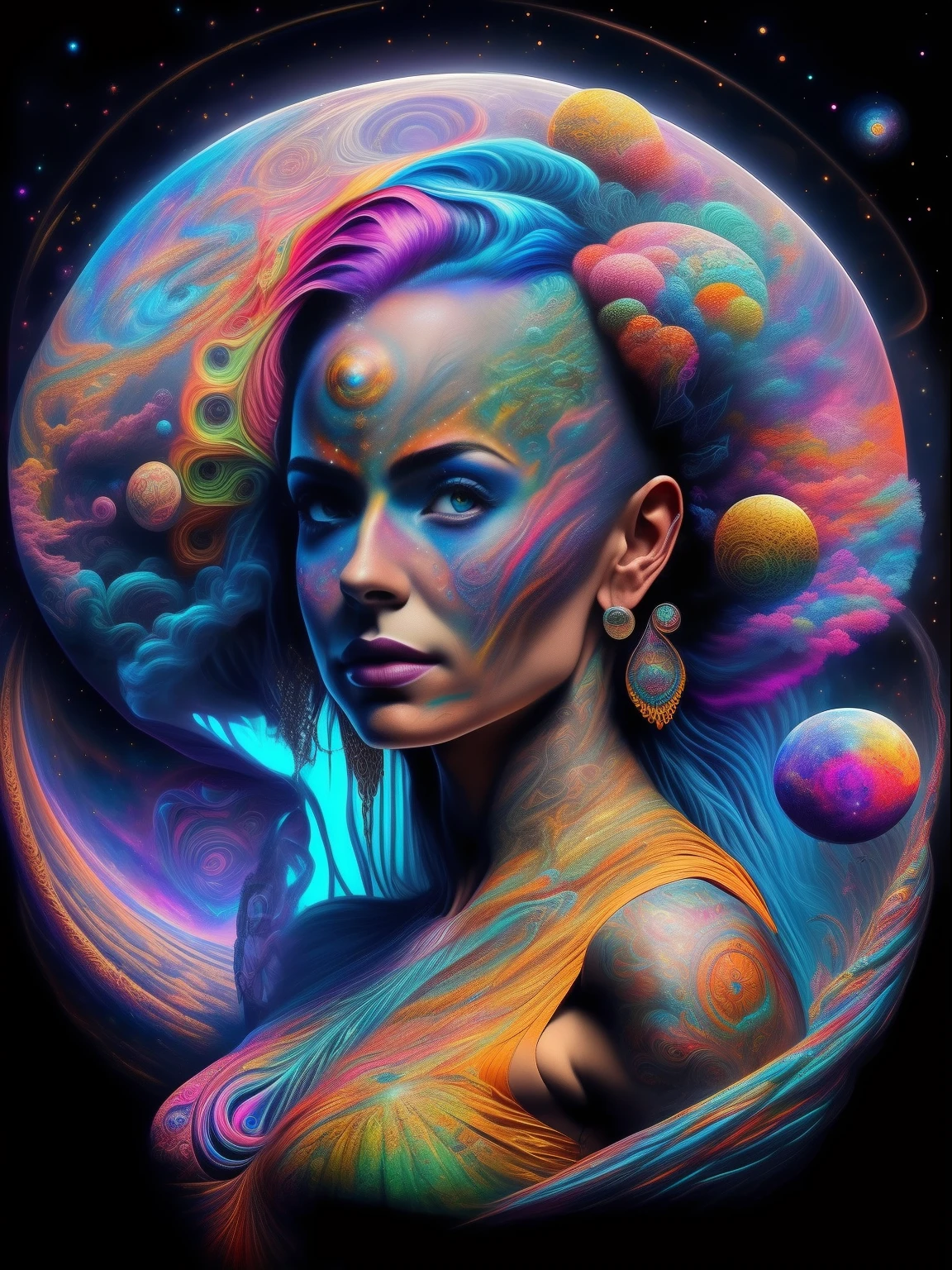 ((Best Quality, 8k, Masterpiece :1.3)) girl,handsome face, full boy, saturated colors, psychedelic image, LSD, mandala, fractral, costume, tattoo, painted body, bride, body leaning forward, art similar to Alex Grey's art, lots of color saturation, woman, vortex, ultra realistic, planet earth,  galaxy, with lots of lighting, shading and contrast