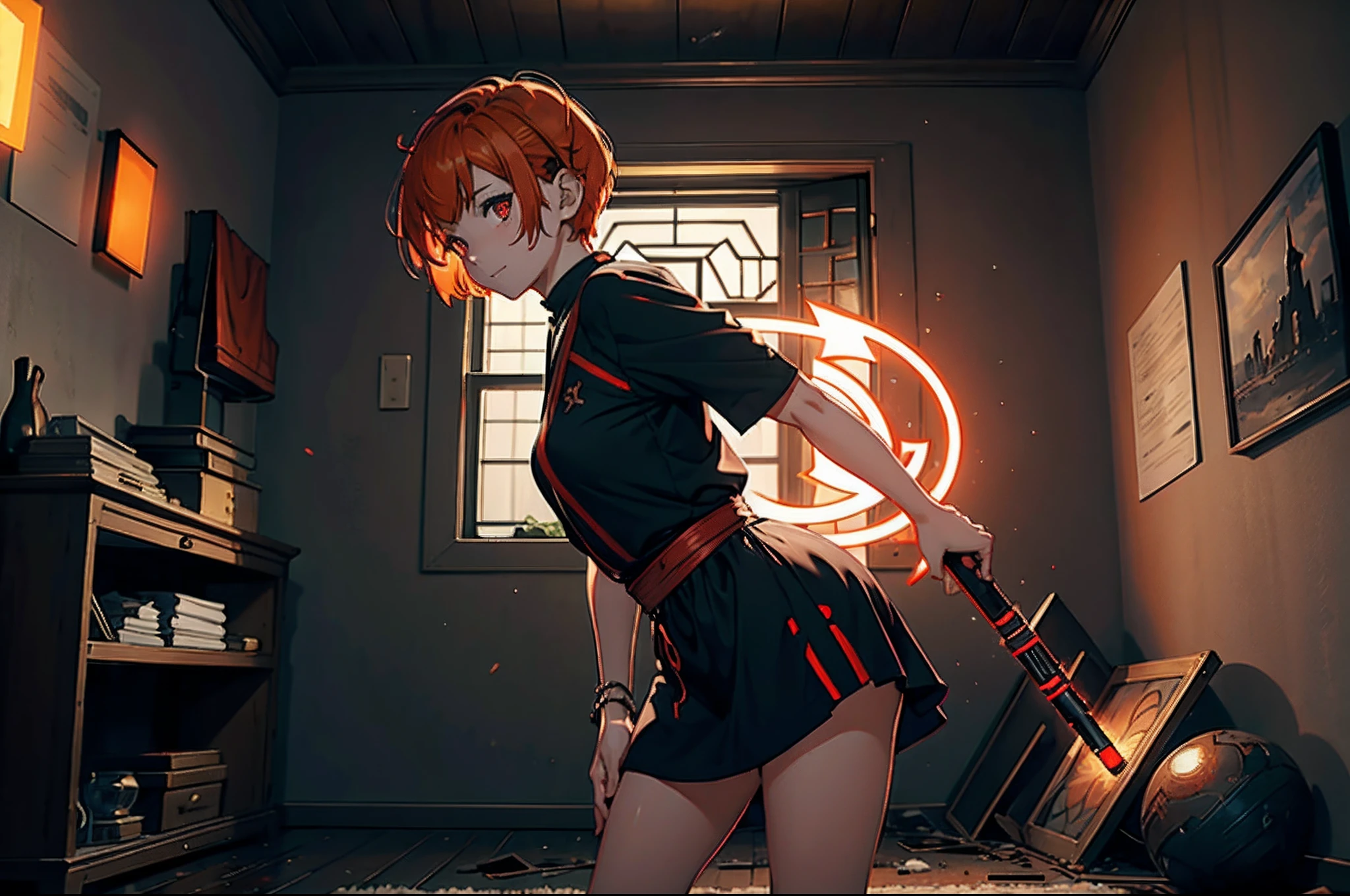 Aberrant colours, best quality, cinematic lighting, highest resolution, 8k, young woman, 1 girl, solo, red eyes, short hair, orange hair, maid_dress, wearing black tunic with glowing runes, smile, nimble figure, cute pose, holding a lightsaber, standing, looking at viewer from the side, destroyed inner room of a household as background