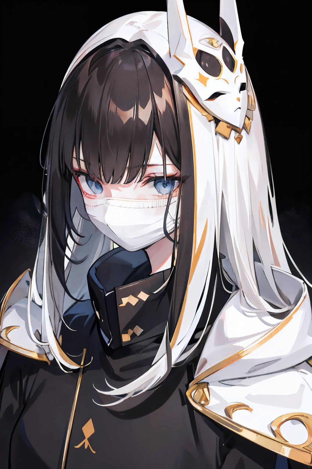 brunette color hair,long whitr hair,black facemask