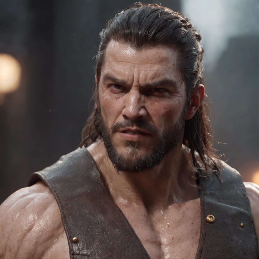 (Профессиональный 3D-рендер:1.3) de (Realistic:1.3) The most beautiful photo in the world,Features of soft and shiny male heroes, ((Epic fantasy hero, muscular man, rough wet hero, angry look, long hair, short beard and ferocious facial expression in a dynamic pose, Fantastic location, Majestic cluttered surroundings)), Рендеринг Full Body 8K Unity, action shot, pores skin, very dark lighting, Heavy shading, Detailed, Detailed Face, (Vibrants, The photo is realistic, Realistic, dramatic, Dark, sharp-focus, 8K), (Old leather clothes, weather-damaged:1.4), ((((Wear fur)))), (Intricate:1.4), decadent, (Highly detailed:1.4), Digital Painting, Octane rendering, Art Stations, ConceptArt, Smooth, sharp-focus, illustartion, The germ of art, (loish:0.23), Wlop Ilya Kuvshinov, and Greg Rutkowski and Alphonse Mucha Gracias, (Global Illumination, studio light, surround light), heavy rain, particles floating, rascal, Fantasy, elf, full bodyesbian, ((The dark and ancient background of the city:1.3)),CGSesociety,Art Stations