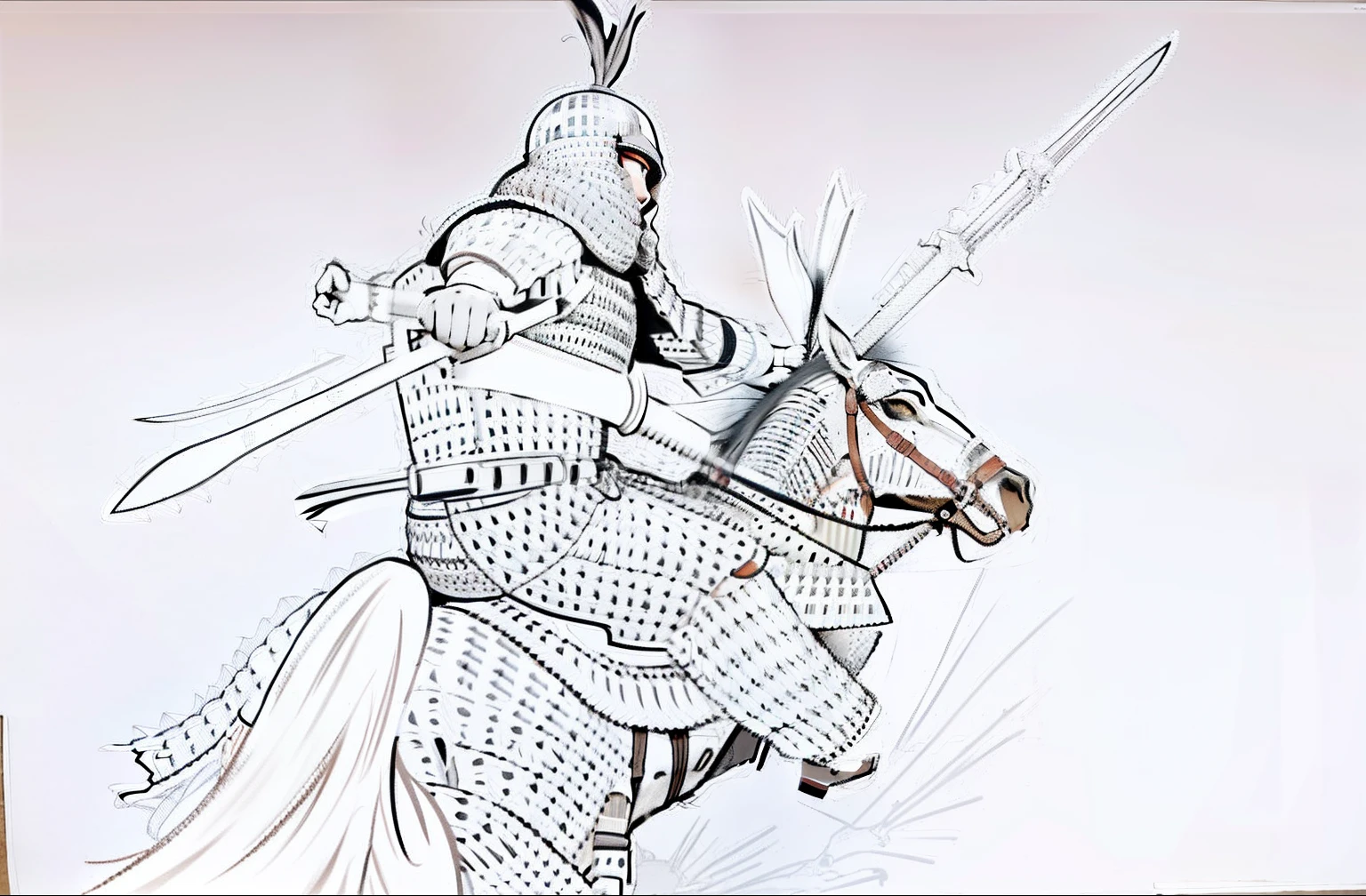 a drawing,A man rides a horse with a sword, the rider carries a large sword, 2d game lineart behance hd, bow ashigaru, 2d game lineart behance hd, lineart behance hd, Line art!!, clean anime outlines, Japanese animation style, inspired by Shūbun Tenshō, ancient japanese samurai
