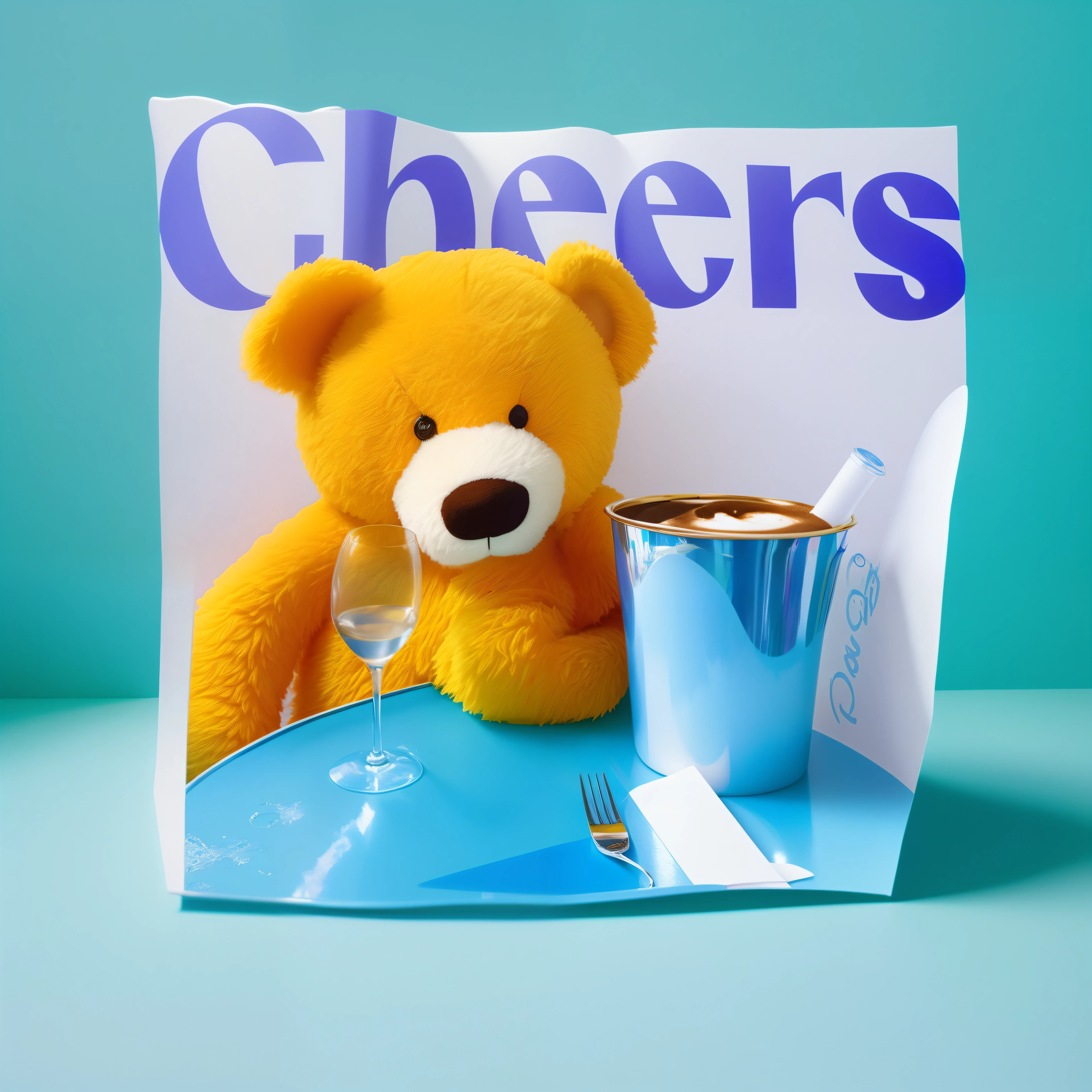 There's a teddy bear sitting at a table with a cup of coffee, obrigada, 9 0 - S, 8 0 - S, Directed by: Jeff Koons, Directed by: Peter Alexander Hay, Ad image, Alegre, Anos 80, 8 0 anos, 80's, Ursos, Directed by: David Garner, inspirado em Jeff Koons, Directed by: Robert Childress, Directed by: Robert Peak