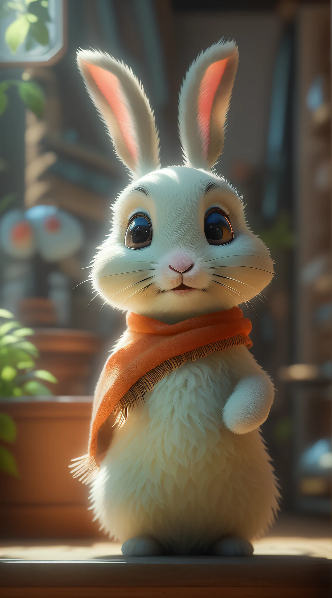 The cute little bunny waved and smiled in greeting me, illusory engine, cozy indoor lighting, Art Station, Detailed digital painting, Cinematic, character design:Mark Reiden、Pixar and Hayao Miyazaki, Unreal 5, daz, Ultra photo realsisim, rendering by octane