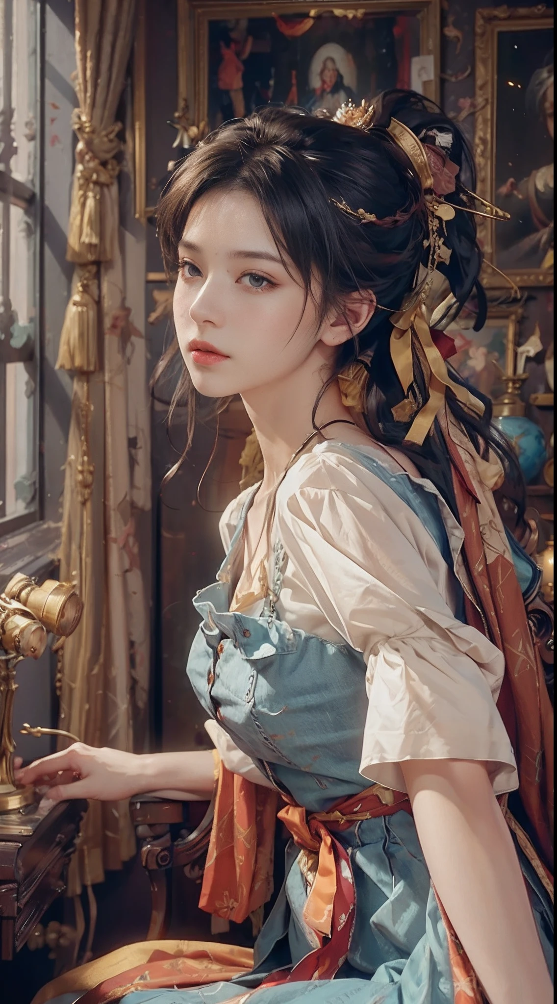 (RAW photos,best qualtiy),(realisticlying,photograph realistic:1.3),best qualtiy,highly detailed,tmasterpiece,Hyper-detailing,illustratio,1girll,Masterpiece Theatre of the World,Messy_Long_Hair,best qualtiy,extremely detailed CG unity 8k wal,ink,astounding,cinmatic lighting,lens_flare,lovely and delicate