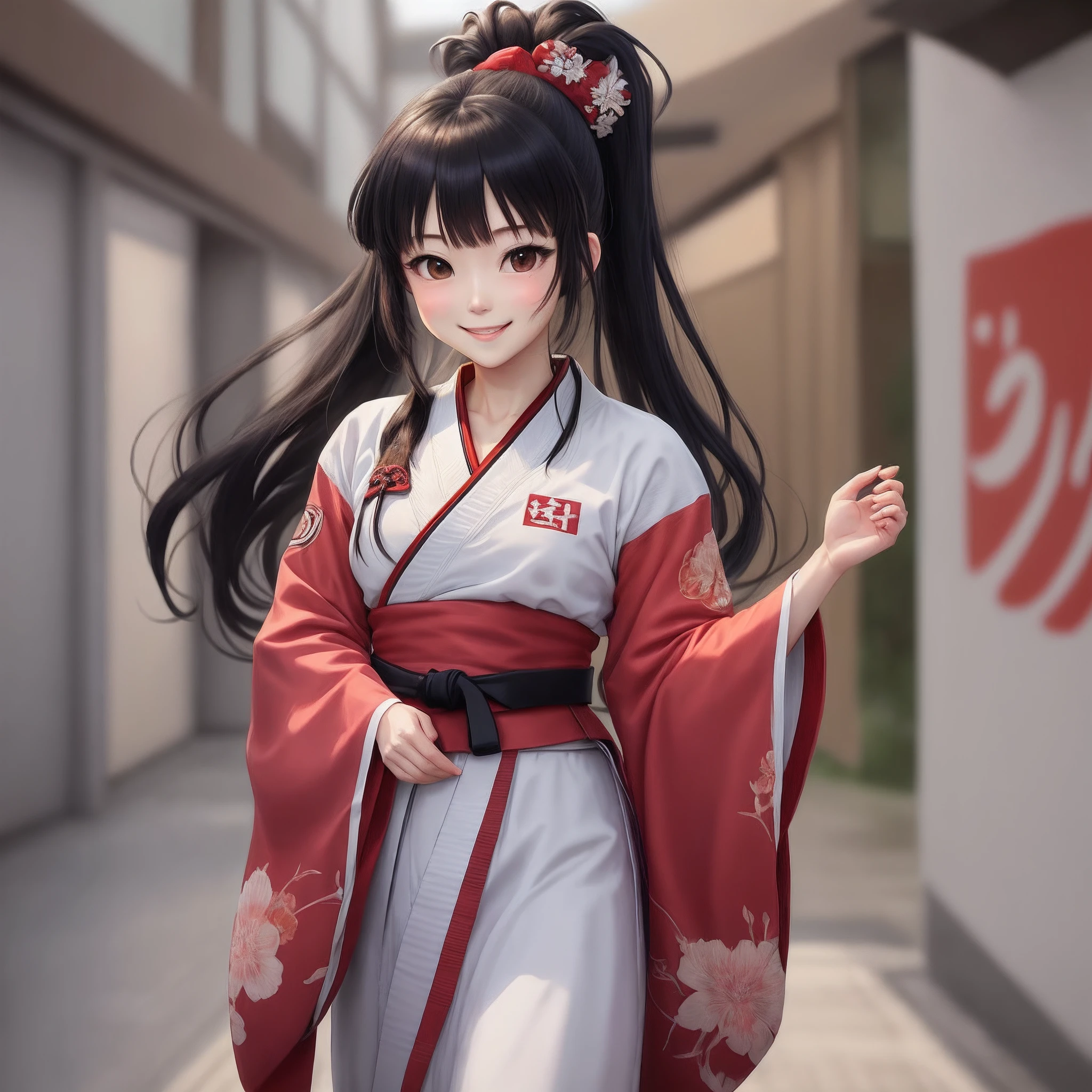 Anyway, the face is cute、Anime Idol、Dignified face、a smile、ren、Judogi、The obi is a black belt、Her hair is long and black