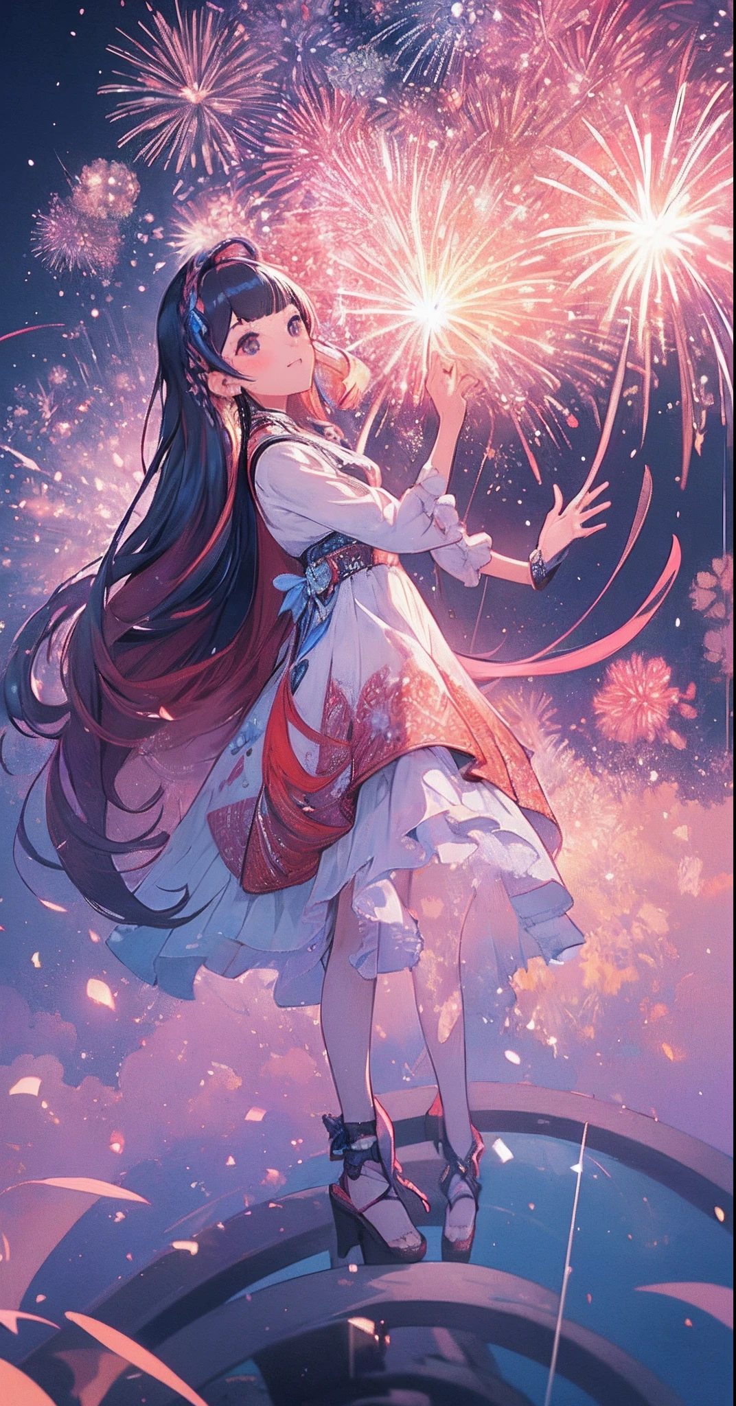 ((Fireworks display seen from a higher place:1.5))，(Lots of 10-shakudama fireworks fill the sky:1.53)，Fireworks display beyond imagination，innocent smiles，Girl in the sky，Never seen，Seven colors,(1girl in)，(Cute smile)，(The clothes are intricate dresses with a white base:1.4)，(Lots of light particles spin around the girl) ，(Best Impact:1.5)， (maximalism:1.7),，Vivid contrast， (Realistic),，hyperrealistic illustrations,，hight resolution,，ultra-detailliert,，absurderes，(Fractal Art:1.3)，Braided hairstyle，Gradient long hair，FULL BODYSHOT，Photographing the sky from below，Precise focus，randome pose，cinema4d，Drama