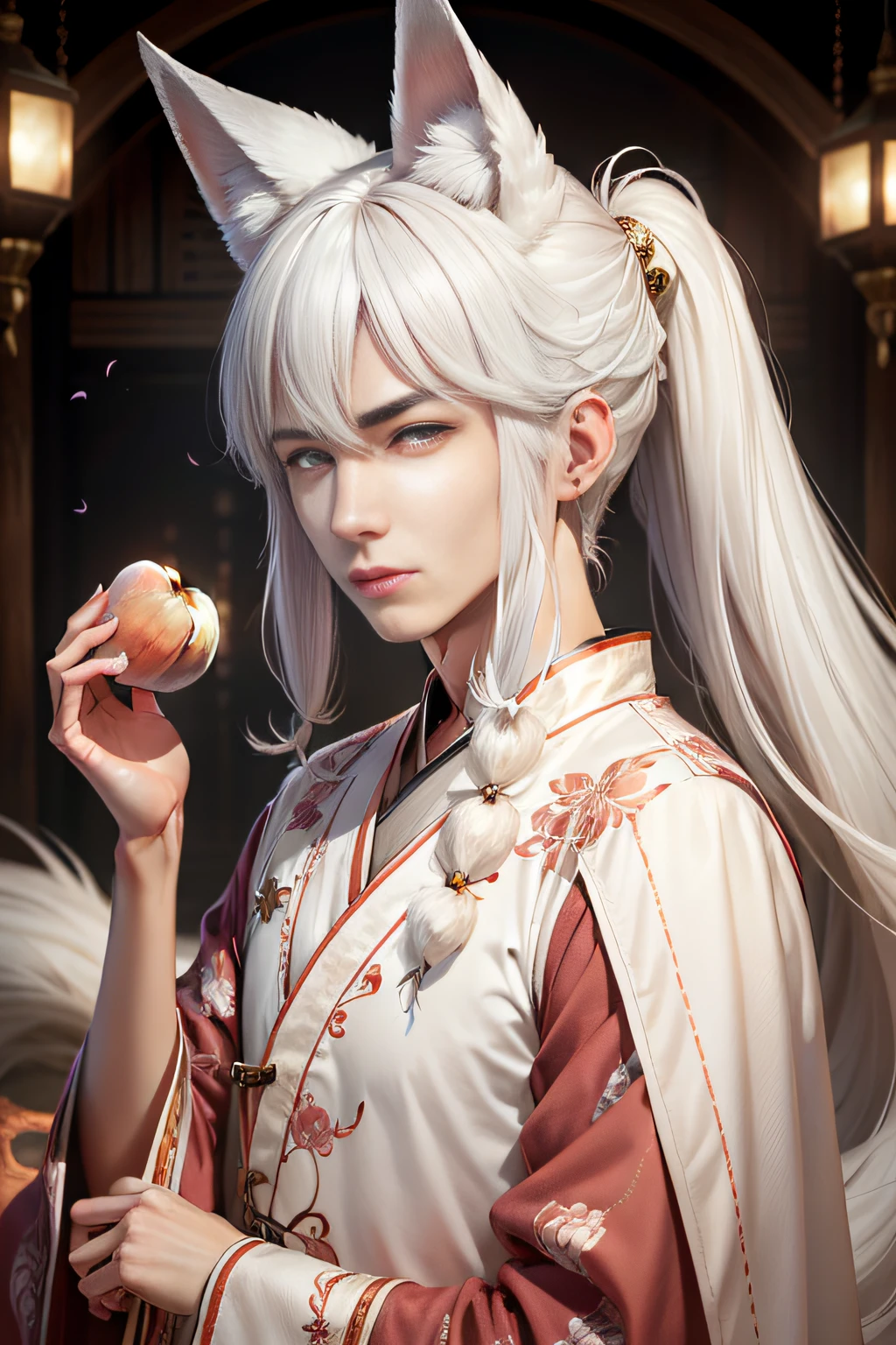 National style, beautiful man, white fox ears, fox tail, silver hair, tear mole, peach blossom eyes, purple eyes, Hanfu