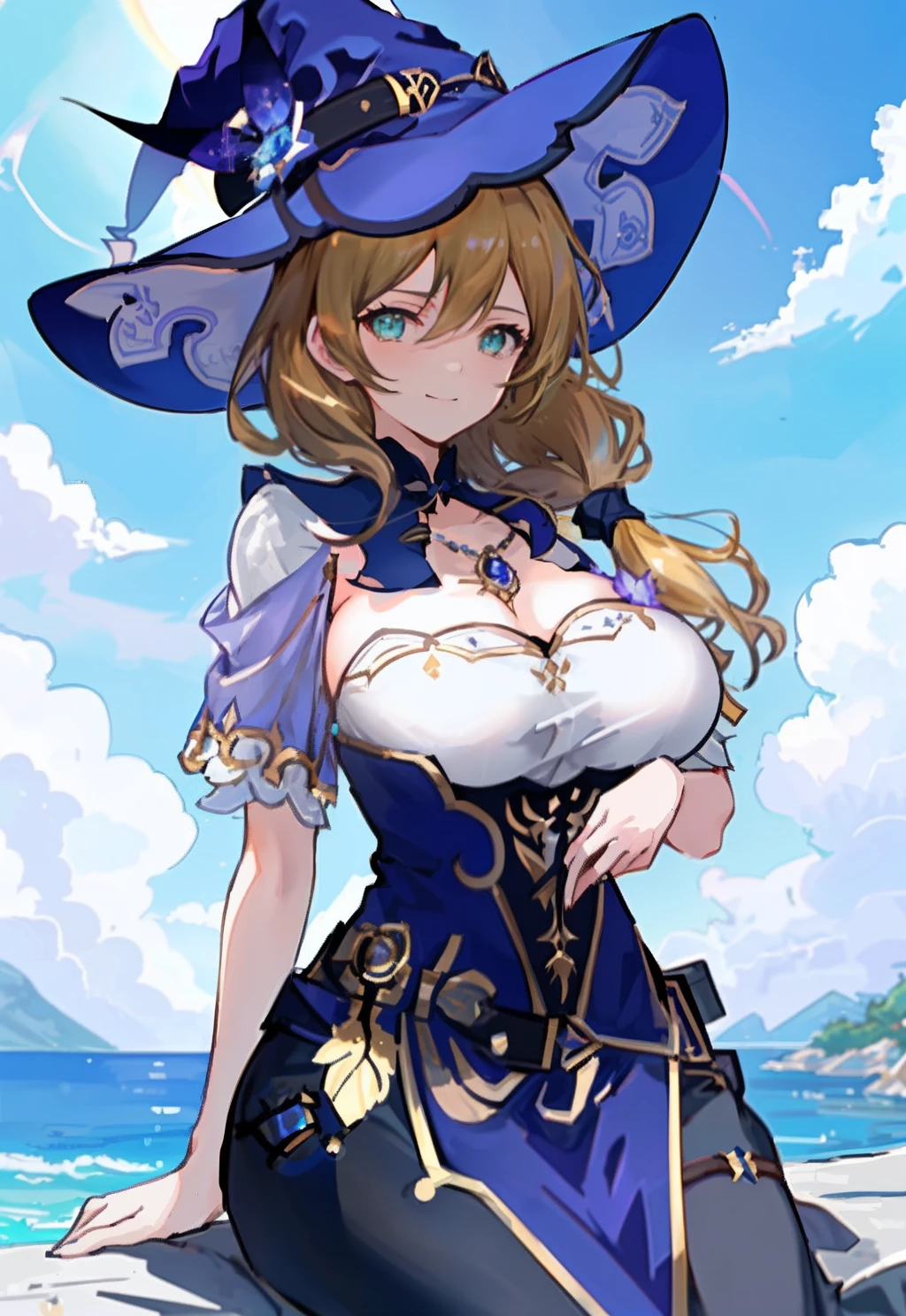 8K, Best quality, tmasterpiece:1.2),\(eye detailed\),\(Facial features\),(\(Clothes detail details\)\),(huge tit:1.2)+(long breasts:1.3),full bodyesbian,(Facial focus) ,Very detailed CG unity 8K wallpaper,hugefilesize,ultra - detailed,A high resolution,absurderes,beautidful eyes,Ray traching,dramatic shadow,finely detailled,Dramatic angles,Hyper-detailing,(1 girl:1.3),(Solo),Mature female, a matural female,thick thight,busty figure,This is a young and beautiful witch,ssmile,(full bodyesbian,Detailed pubic hair脸),Detailed pubic hair,
is sitting on a rock,exteriors,blue-sky,
Natural soft light, style of anime, (8K, hyper HD, employment, A high resolution, best qualtiy), 1girll, tmasterpiece, ultra - detailed, realistic illumination, realisticlying, Low-angle camera, (High quality anime, Makoto Shinkai),
lissa\(Genshin Impact\),Smile,(Witch hat:1.3)
