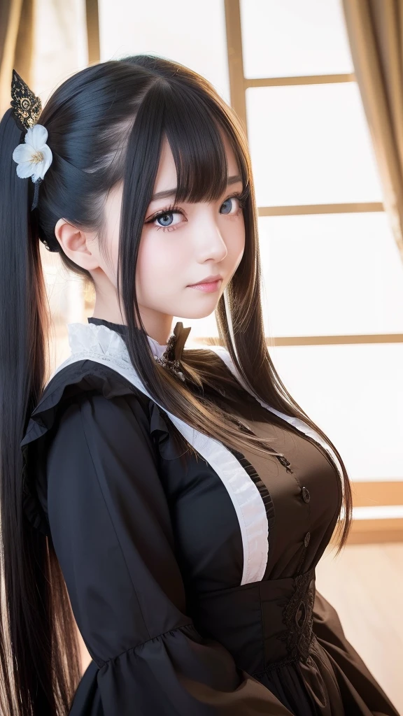 masterpiece、top-quality、8K、Raw photo、(Photorealsitic: 1.4)、ultra-detailliert、hight resolution、finely detail、natural soft light、独奏、full bodyesbian、(1girl in:1.4 )、(real looking skin:1.2)、beautiful a girl、beautiful detail、extremely detailed eye and face、Beautiful eyes long hair、Twin-tailed、a smile:1.2、Gothic lolita、
