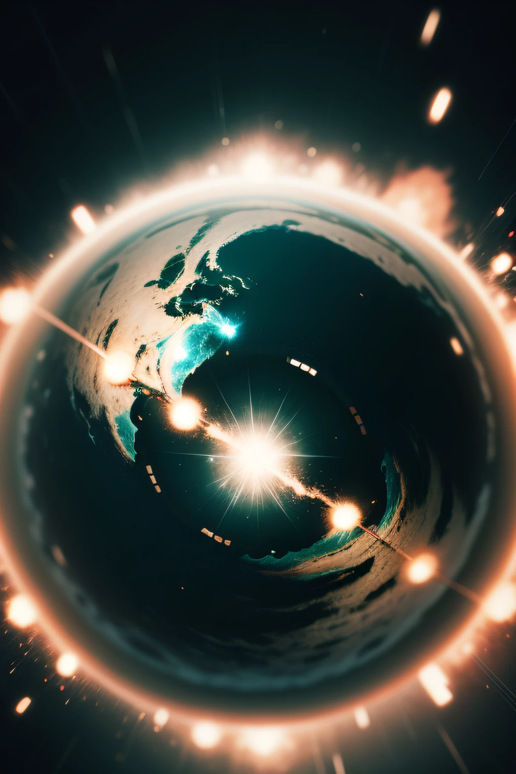 Vintage style theme,The exploding planet of Nicos,Bokeh,a picture,8K,Dark,Dynamic action,pale washed out style,Shoot on the blue type,Cracked lenses,Dreamy nostalgia,Soft focus,Dark green vignetting,light leaks,Gloomy art painting ethereal。