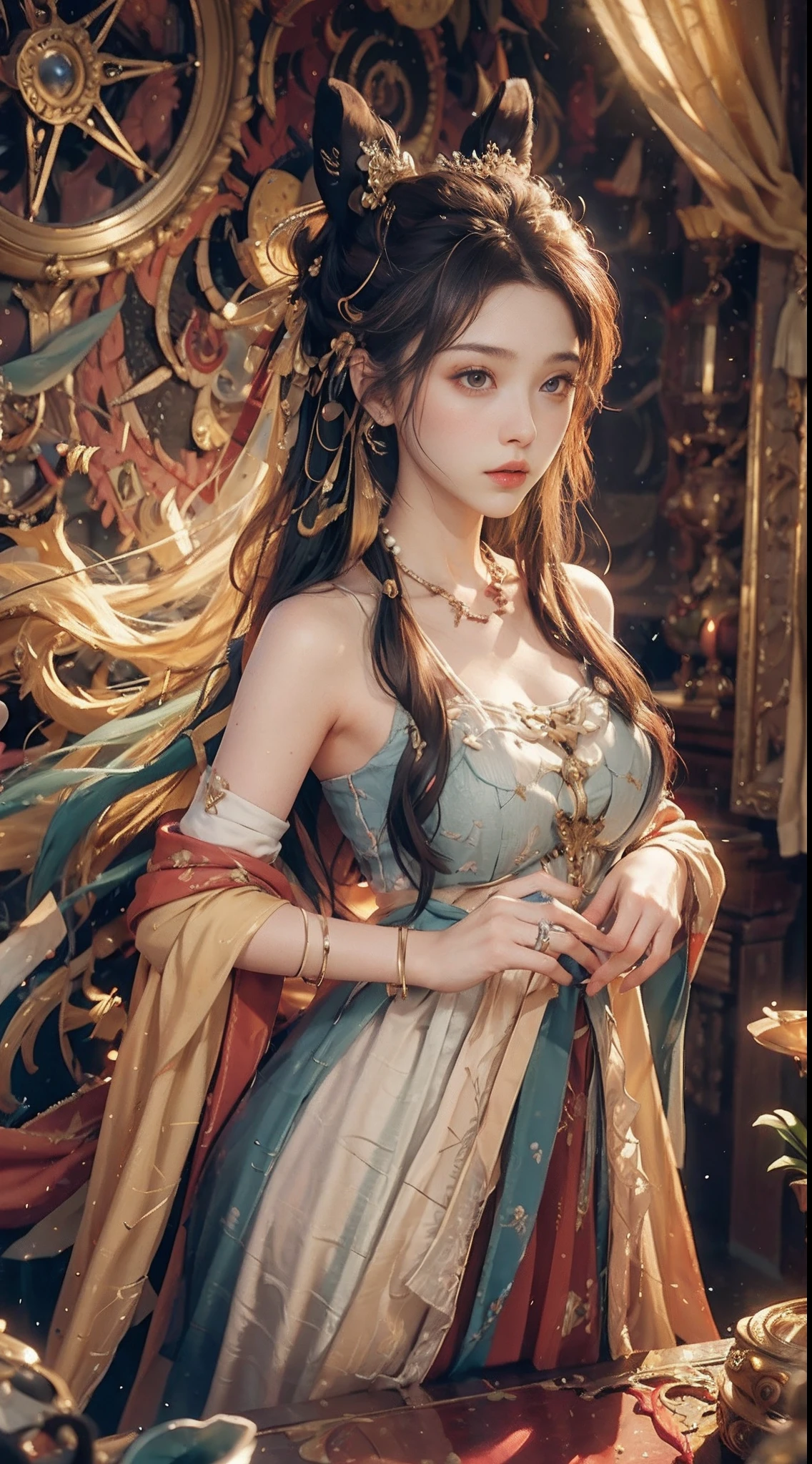 (RAW photos,best qualtiy),(realisticlying,photograph realistic:1.3),best qualtiy,highly detailed,tmasterpiece,Hyper-detailing,illustratio,1girll,Masterpiece Theatre of the World,Messy_Long_Hair,best qualtiy,extremely detailed CG unity 8k wal,ink,astounding,cinmatic lighting,lens_flare,lovely and delicate
